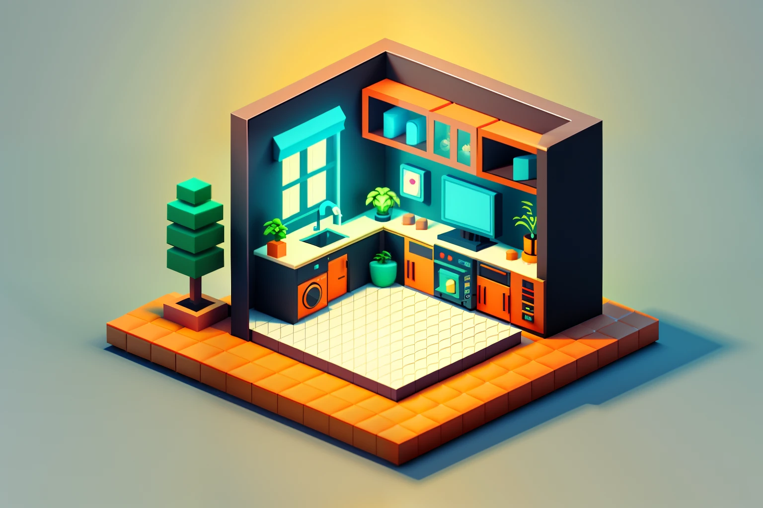 Isometric style, accurate 120 degrees, poly art, stylized 3D rendering, small room, 3D stylized scene,