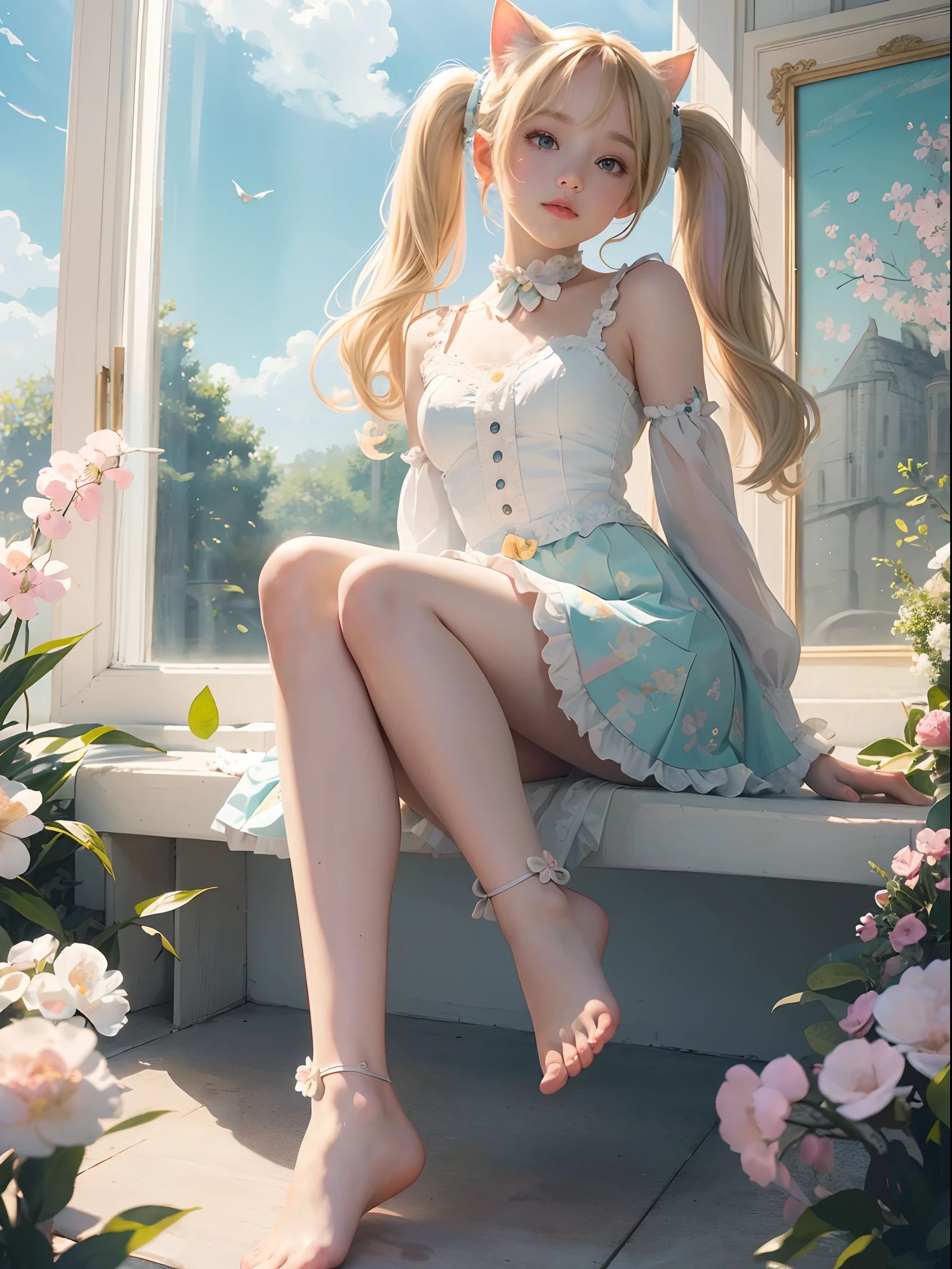 Unbeatable masterpiece, Ultra photo realsisim, Perfect artwork, Intricate details, Best quality, Strong light,High contrast, (Masterpiece , Best quality:1.2) , (ultradetailed) , (Pastel color:1.5) , (cute illustration:1.5) , (aquarelle:1.2) , 1girll , No shoes , White pantyhose , Blonde hair , long whitr hair , Yellow and white skirts , Cat ears , cattail , cat , Sitting , Feet , (Foot focus:1.3) ,(sole:1.2) , From below , Low Twin Tails , Cute .view the viewer