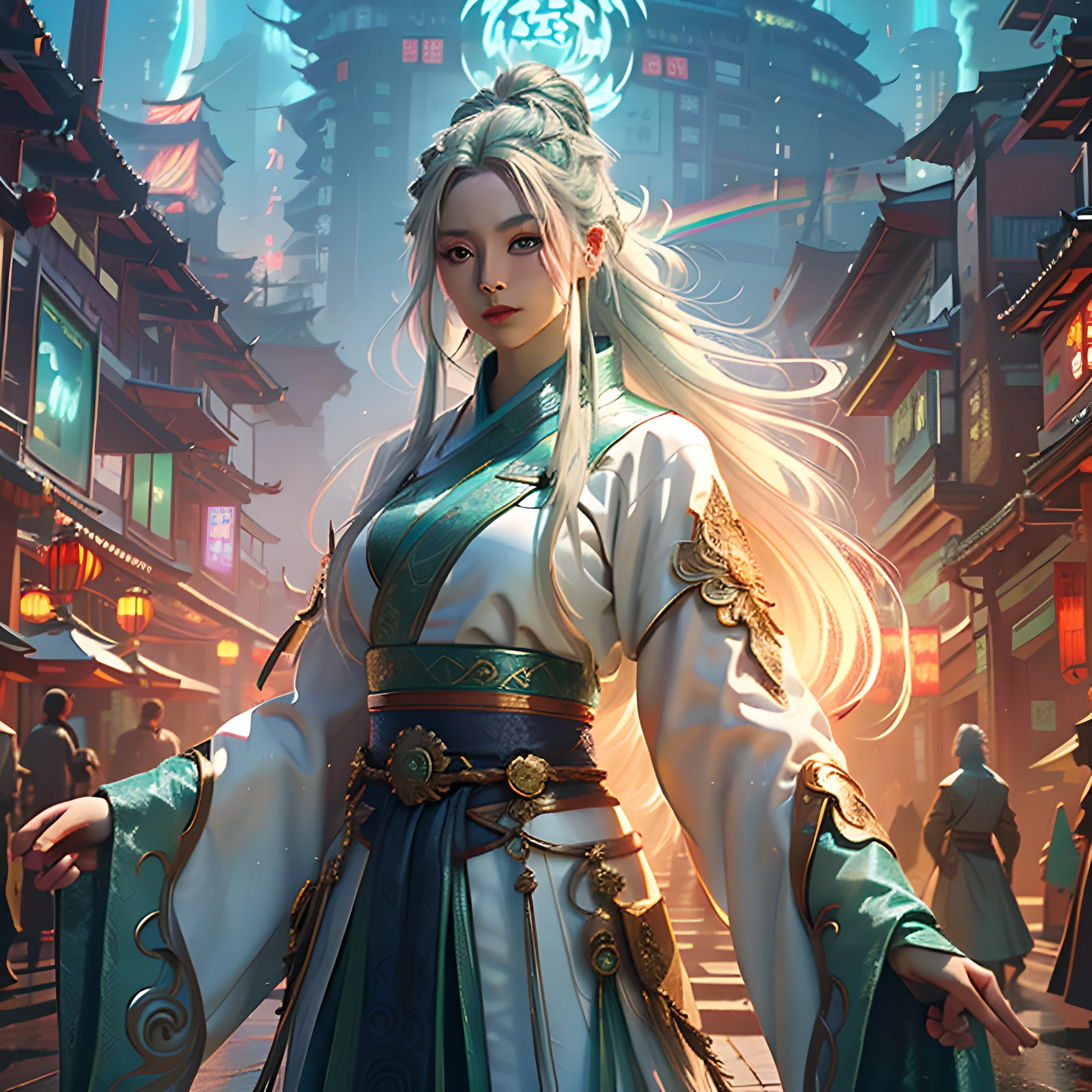 Masterpiece, Best quality, offcial art, 8K wallpaper, Highly detailed, illustration, 1 girl, Upper body, Detailed eyes, Blue eyes, Green gradient Hanfu, Complex filigree, Luxury dress, Dynamic pose, (Long rainbow-colored hair:1.1), (White hair:1.2), Floating hair, (Braided:0.8) Gradient hair, east asian architecture, Ancient Street of China, scenery, Morning