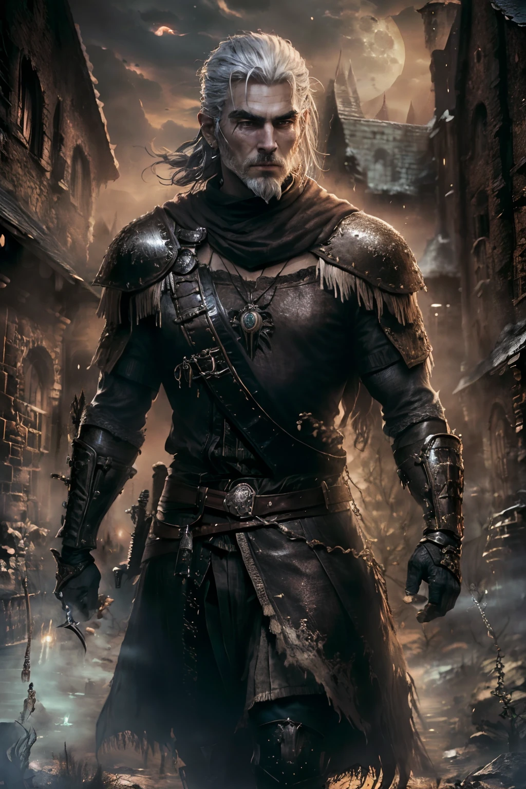 A young man with short hair，Demon Hunter，Geralt of Livia，cavalier，There is no beard on the face，metall armour，Cloak，In the middle of the waist hangs a long sword，standing on your feet，Old castle in the distance，the night，Full moon，moon full，Dead woods，Ghosting，brunette color hair, crazy eyes, v-shaped eyebrows, chiaroscuro, depth of field, cinematic lighting, motion blur, chromatic aberration, sparkle, glowing light, UHD, masterpiece, ccurate, anatomically correct, textured skin, super detail, high details, high quality, highres，Atmospheric perspective, Wide-angle, Sony FE,