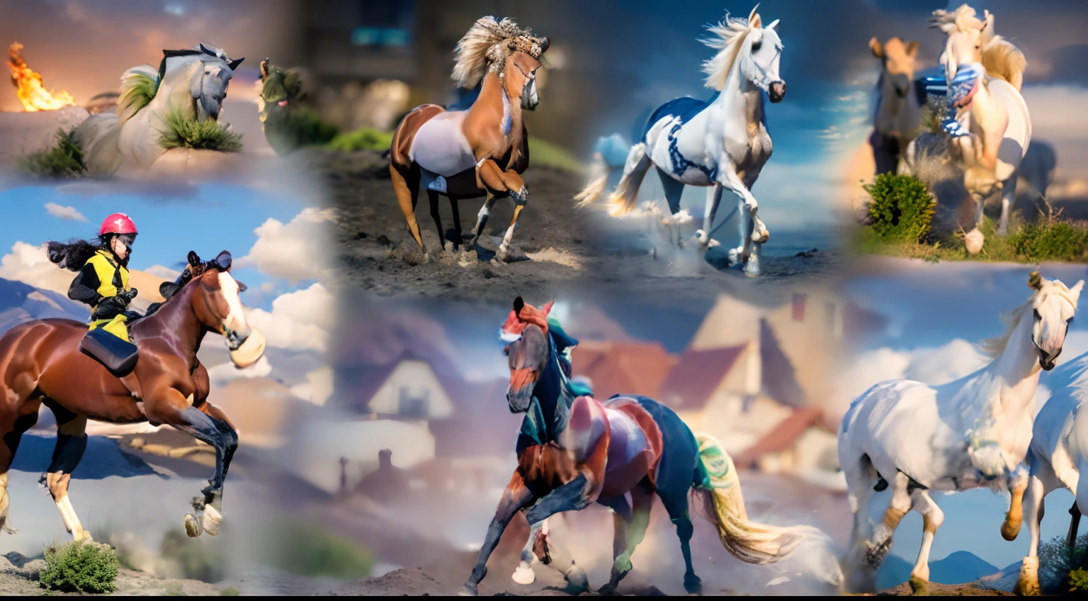 8 horses,Ultra-grand scenes,super wide shot,1#Horse one o'clock Pegasus,2#Horse: Three o'clock elf dragon horse,3#Horse nine o'clock unicorn,4#Horse four o'clock mechanical horse,5#Horse prime point wind elf horse,6#Ma had a nightmare at seven o'clock,7#Dial center knight,8#The horse randomly enters the chaos horse。In a large herd of horses,Extremely special and rare eight horses surround each other,Gallop across the steppe like a clock。The vast plains of the epic scene are rich in aquatic plants,In the distance is the snow-capped summit of Mount Everest,Snow creek flows into the sea,At the other end is the magnificent giant city,The horse team entered and exited from the city gate。
The Lightcast Pegasus from the Supreme Heaven has a rainbow aperture from the Supreme Heaven,She rides between light and pure,No additional ornaments are needed to highlight her dignity and holiness,Even the sky showed her a clear sky,She has a deep enmity with the nightmare heavy ride from hell,The two never put their heads next to each other,Surrounded by sulphurous flames, the Hellmare Heavy Ride makes every time a horse's hooves fall, stepping flat grass out of the lava from the ground,The sky in the steppe is brighter,It makes the earth deeper。
The wind wings of the wind elf horse let its position be erratic,She carries a cyan aperture lightly and always can't help but tease the mechanical horse,The mechanical horse is full of mecha beauty,The shoulder back position always reveals delicate mechanical fittings,Four kicks with a hydraulic pump and electromagnetic ejection device。
Unicorns want to steal all horses from their pure and flawless beauty,But on the side, the fairy dragon horse is comparing with it,Their unique elven-patterned armor and colorful saddles make them the most stylish horses。
The female knight is charging on her knightly warhorse,Her lofty ideals made her will unstoppable,There is no doubt that she is the protagonist of this picture。And a chaotic horse from uncha