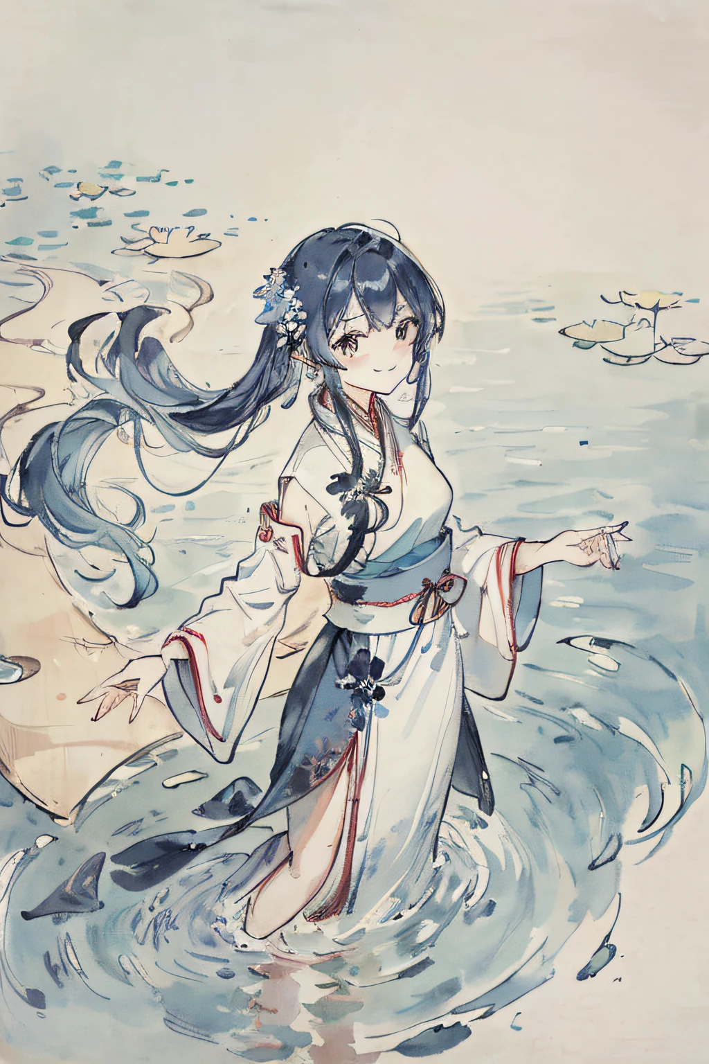 ((4k,masterpiece,best quality)), shuimobysim, traditional chinese ink painting, lotus, hanfu, maxiskit, dress conservatively 1girl, solo, long blue hair, smile, standing, feet in the water, barefoot,