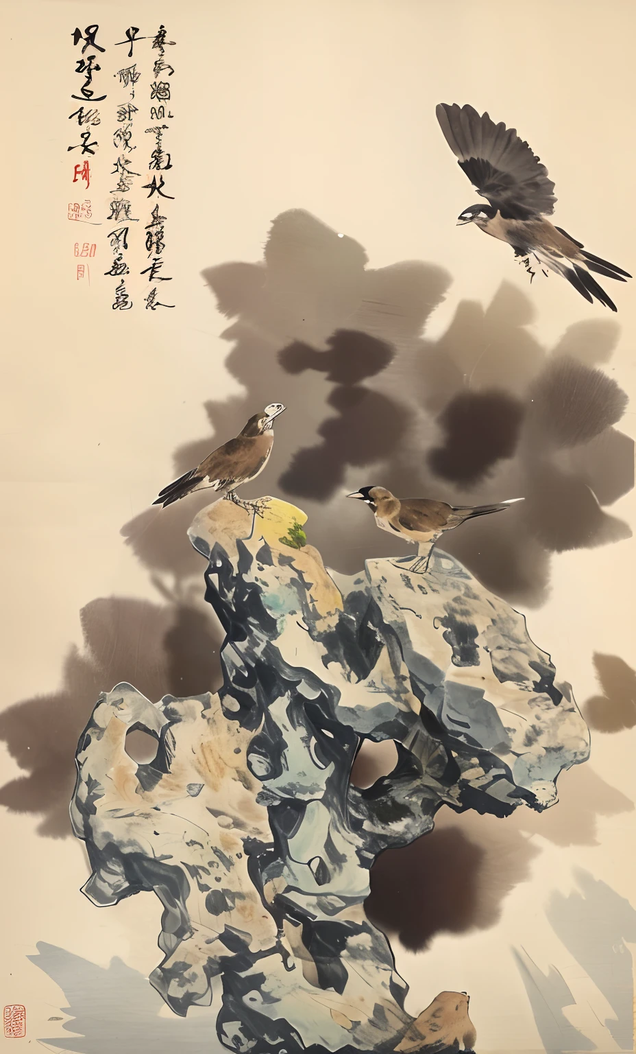 There are two birds sitting on a rock，A bird flies on it,  inspired by Emperor Huizong of Song,  Qiu Fang, Chinese painting style,ink lines，Brush strokes，Background blank，tmasterpiece，artwork of a，