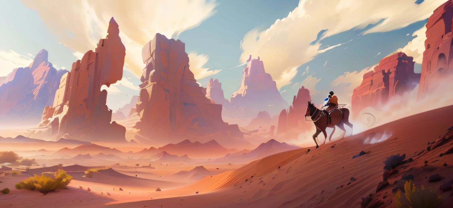 There is a painting,The painting is of a man riding a horse in the desert, painterly concept art, atey ghailan 8 k, environment painting, concept art 8 k resolution, concept art 8k resolution, wandering the desert landscape, Stylized concept art, Concept art wallpaper 4K, concept art scene, android jones and atey ghailan, low details. Digital painting