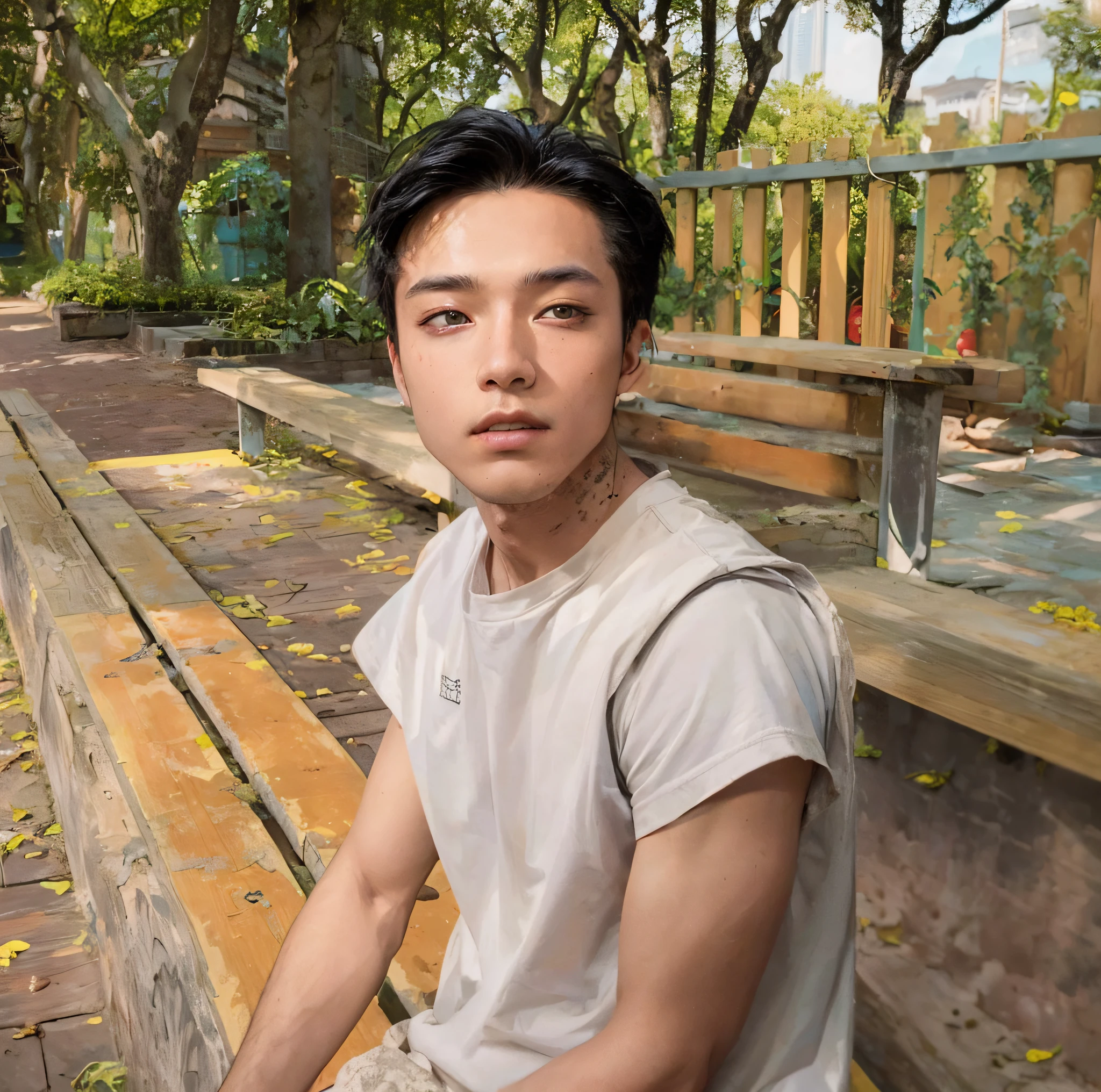 Cyberpunk male，fansty world，background inside dark，Clean design，Epic Instagram，art  stations，Colorful paint splashes，contours，Hyper-detailed intricate details，unreal-engine，fanciful，Complicated details，splash image，complementary colours，fantasy concept art，8K分辨率，A masterpiece of deviantart，oil painted，Heavy strokes，paint drips，（Isolate on a white background：1.3），Yellow skin，(((A handsome young))), (黑The eye), ((Eyes have light))，((((with short black hair:1.1))), ((black-clad)), (prince\\(Indifferent expression\\),, (((Wearing black guards))), Black hair，(chest muscle) --v 6