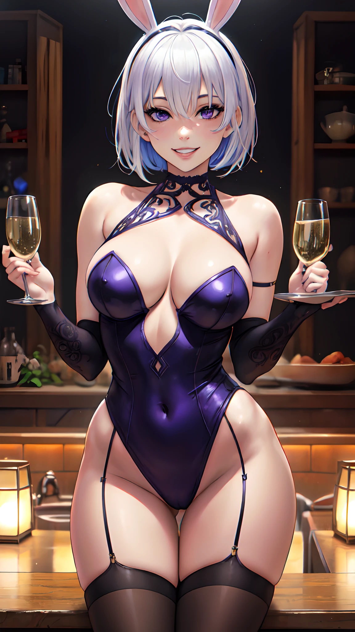 masterpiece, absurdres, (intricate details), (colorful),cinematic lighting, bust shot, extremely detailed CG unity 8k wallpaper, 1girl, white hair, short wavy hair, bob cut, purple eyes, light smile, parted lips, average breasts, cleavage, fake animal ears, choker, red leotard, playboy bunny, tray, champagne,  smile, looking at viewer,  cowboy shot, sciamano240