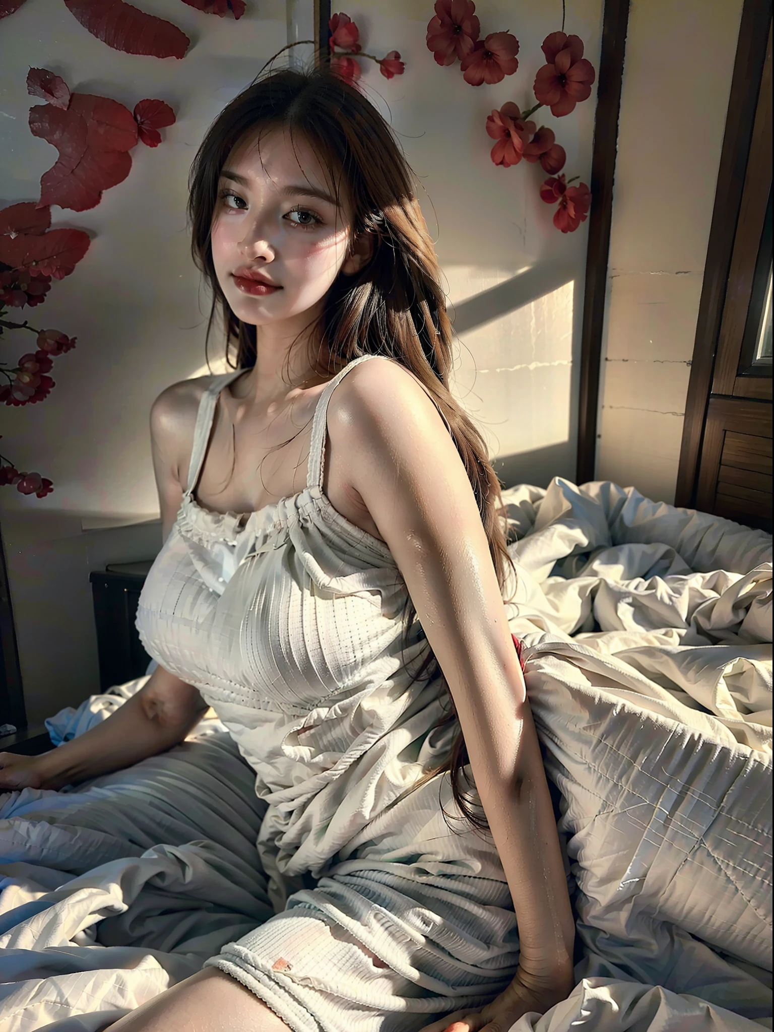 (photorealistic:1.4), (best quality:1.0), (ultra highres:1.0), 8k, RAW photo, (masterpiece:0.2), portrait, face, Beautiful and cute woman with white and smooth skin, red cheeks and adorable, graceful, Sleepwear, is in the room.