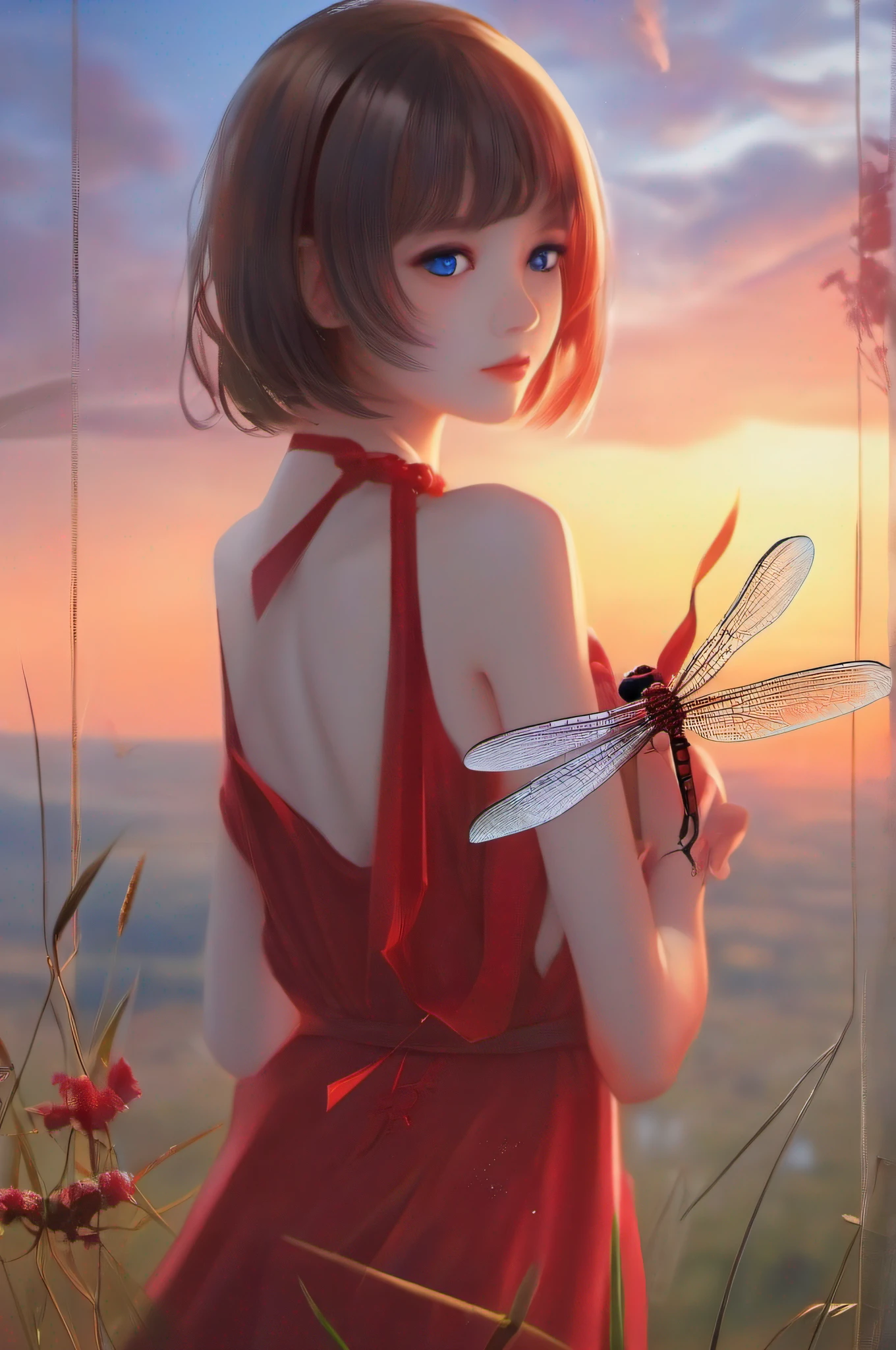 A red dragonfly is perched on the fingers of a beautiful girl、Beautiful countryside sunset,,full body,short hair,blue eyes,undressed