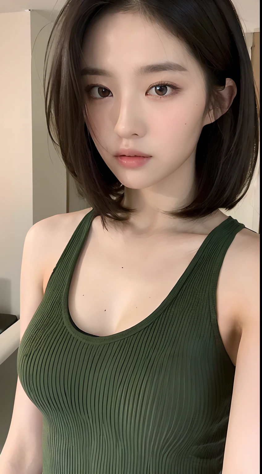 ((Best quality, 8k, Masterpiece :1.3)), Sharp focus:1.2, Perfect Body Beauty:1.4, Slim Abs:1.2, (Layered hairstyle:1.2)), (Tank top shirt:1.1), (Corridor: 1.2), Highly detailed face and skin texture, Fine eyes, Double eyelids