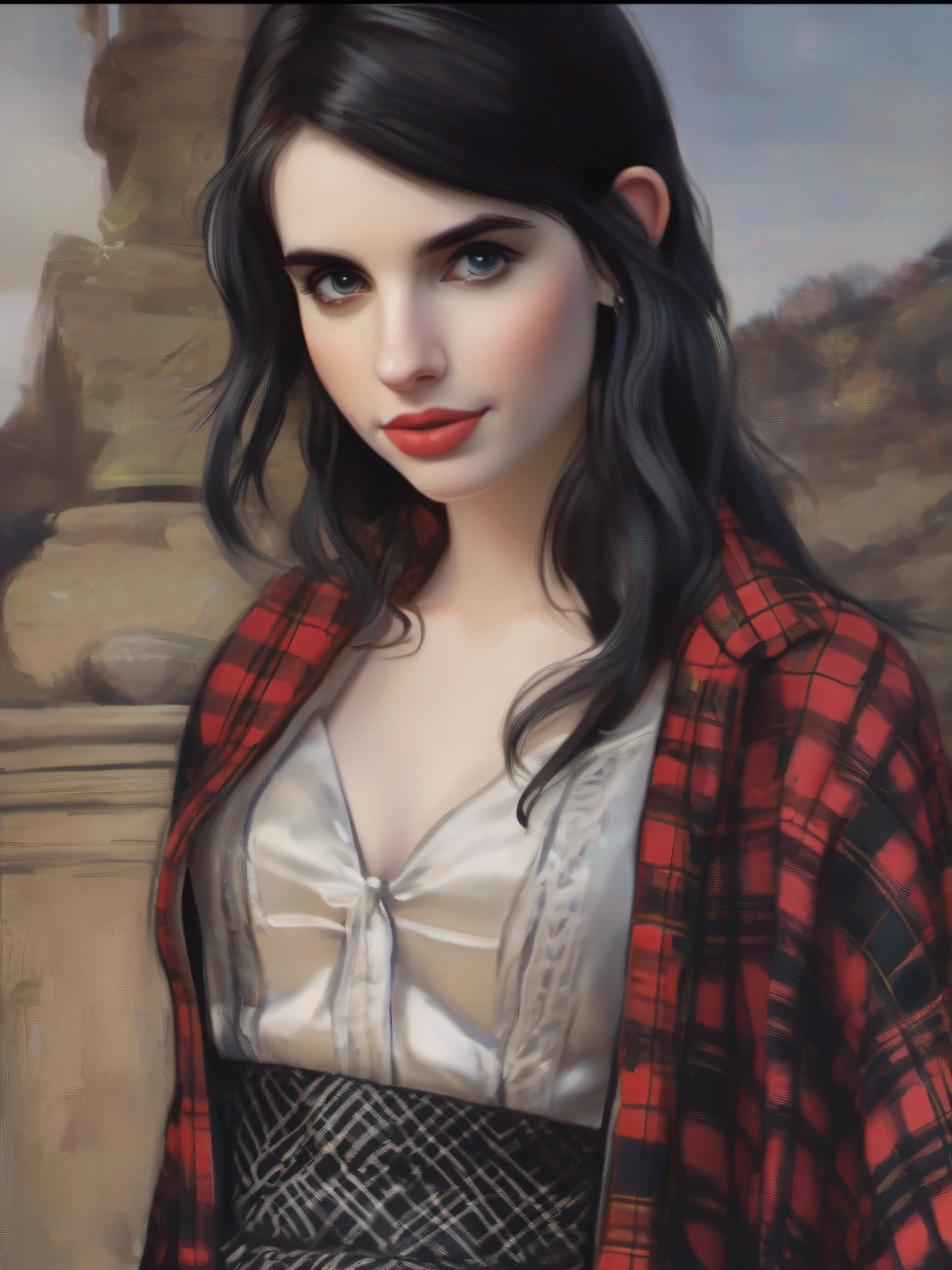 ((Cute little)) (Emma Roberts, Strong Gothic Makeup) with black hair in a plaid dress, Hyper-realistic, insanely detailed, Gaston Bussière's style --ar 3:4 --s 750