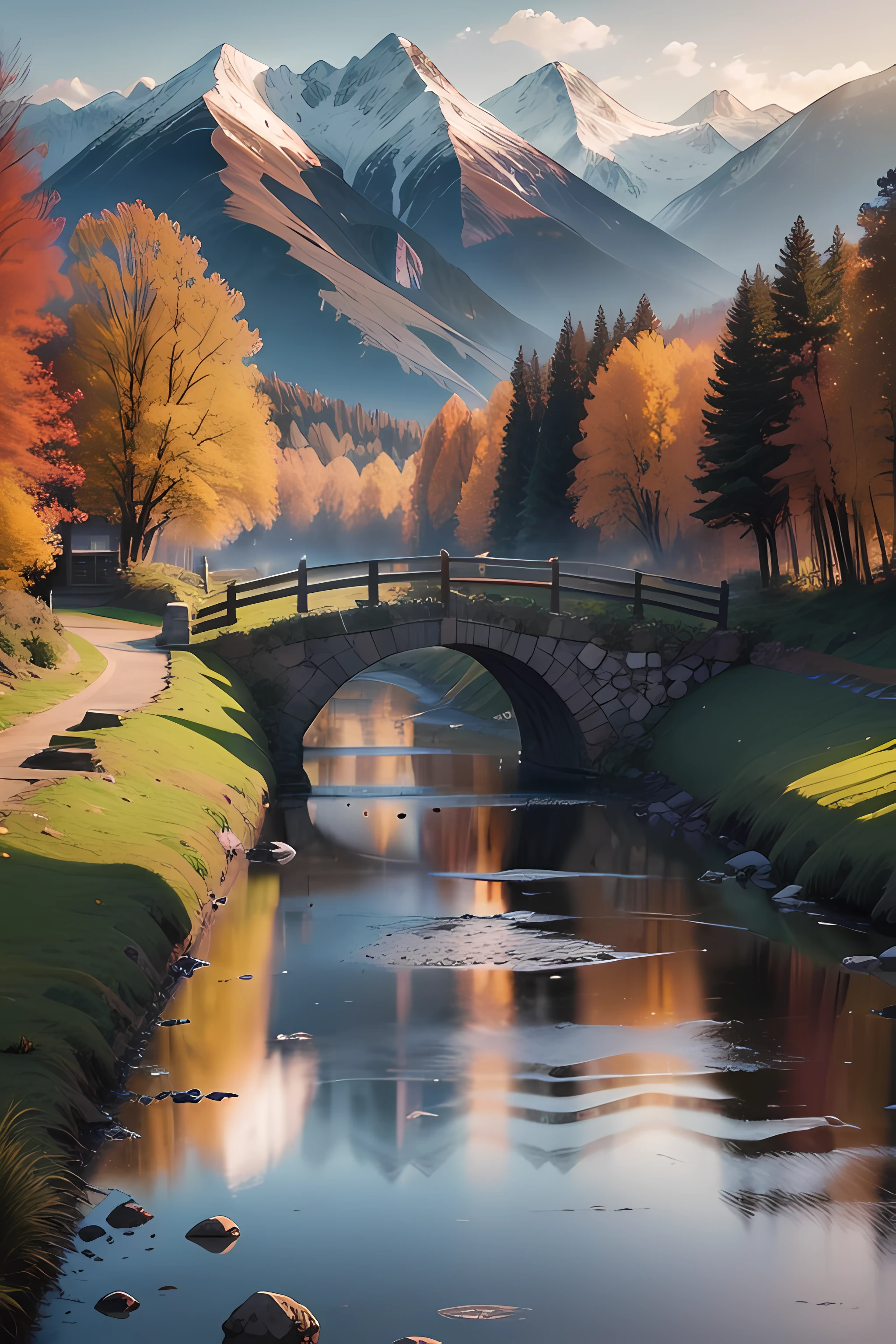 small bridges,flowingwater,Autumn dusk,Distant mountains and near grass