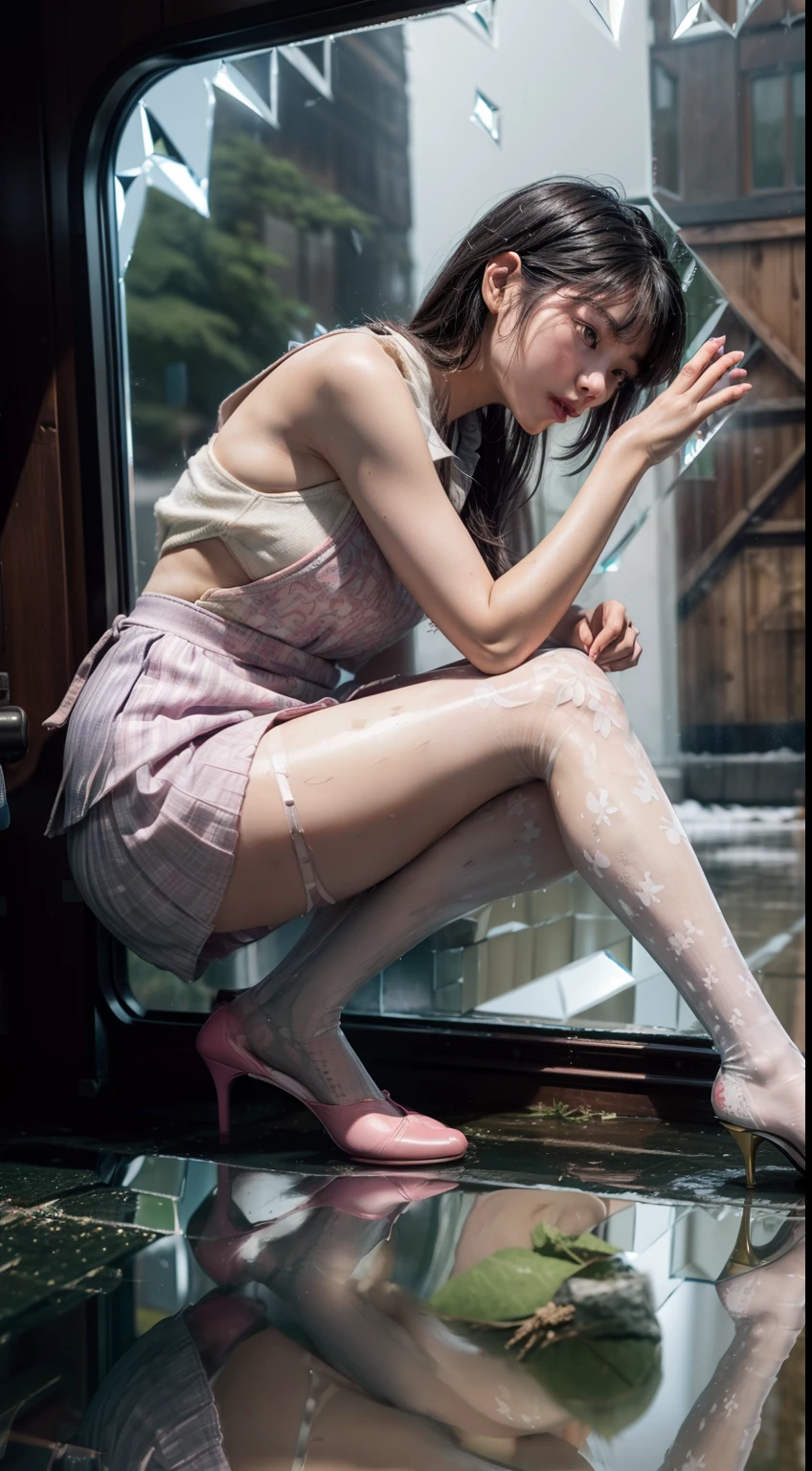 Splitting characters is prohibited,(full bodyesbian:2),(1girll:1.2),(Reveal high heels,A perfect match to the picture:1.1), (anatomy correct:1.3), (A body made of metal:1.3),(Dressed in gorgeous Japanese printed JK student uniforms),(The figure is at the top of the mountain|on a snowy mountain|over the sea|in the water|On the boat|Top of high-rise building|On the street|in woods|at the lakes|In front of the waterfall|in an airplane|In space|In the palace|In glass|In the sewers|In the mud|in a Petri dish:1.1), (Polished pointed toe heels:1.1), (Reflective stockings:1.3),(In pink|amarelo|blue colors|green color|red colour|white colors|black in color|purpleish color|greys|Beige|Flesh-colored:1.3),(Accurate and perfect face:1.3),,(Oily glowing skin:1.1),A shallow laugh,,Strangling effect,hyper HD, Ray traching, reflective light,structurally correct, Award-Awarded, high detal, lightand shade contrast, Face lighting,cinmatic lighting, tmasterpiece, super detailing, high high quality, high detal, best qualityer, 16k,(Skin reflection:2)