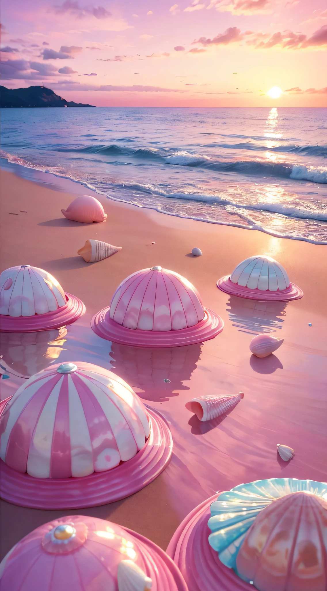 (8K, RAW photo, Best quality, masutepiece: 1.2), (Realistic, Realistic: 1.37) There are many pink shells on the beach, there are waters, Pearlescent, pearls and shells, Soft spill, pearls, Pink jellyfish are everywhere, Soft 3D rendering, Ethereal bubbles, Bubble landscape, Elay shader, pastel pink, Pink reflections, Pearl Sky, shells, Paradise pink, Pastel colors, Pink pastels,