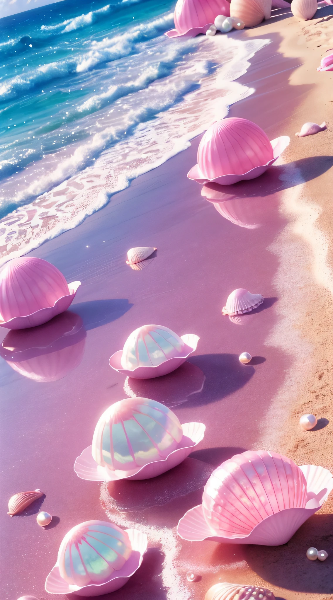 (8K, RAW photo, Best quality, masutepiece: 1.2), (Realistic, Realistic: 1.37) There are many pink shells on the beach, there are waters, Pearlescent, pearls and shells, Soft spill, pearls, Pink jellyfish are everywhere, Soft 3D rendering, Ethereal bubbles, Bubble landscape, Elay shader, pastel pink, Pink reflections, Pearl Sky, shells, Paradise pink, Pastel colors, Pink pastels,