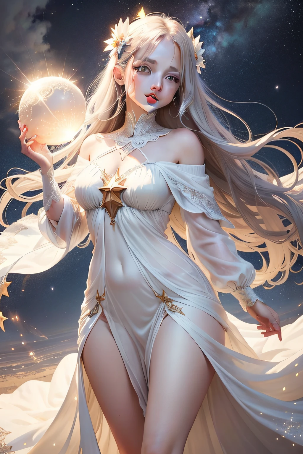 /imagine a female adult white angel smiling, long flowing dress, covering all of her body, and the background is stars and the sky, and she is carrying an orb of light