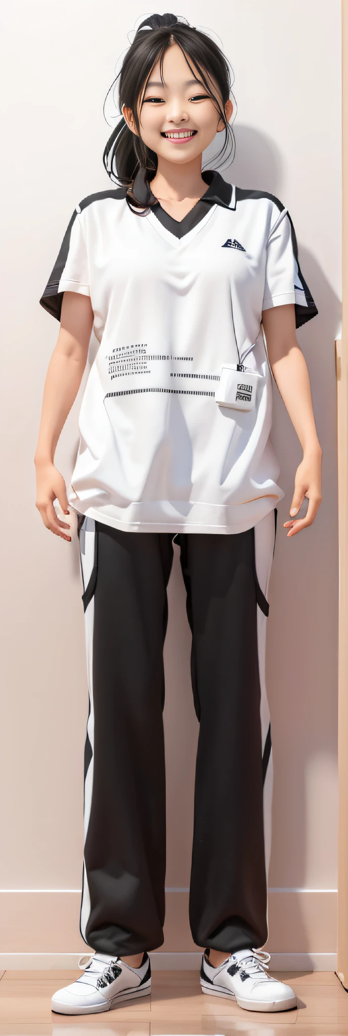 A beautiful high school student，14岁，The expression is sunny and warm，White loose T-shirt，Black loose sweatpants，Black and white shoes，With a ponytail