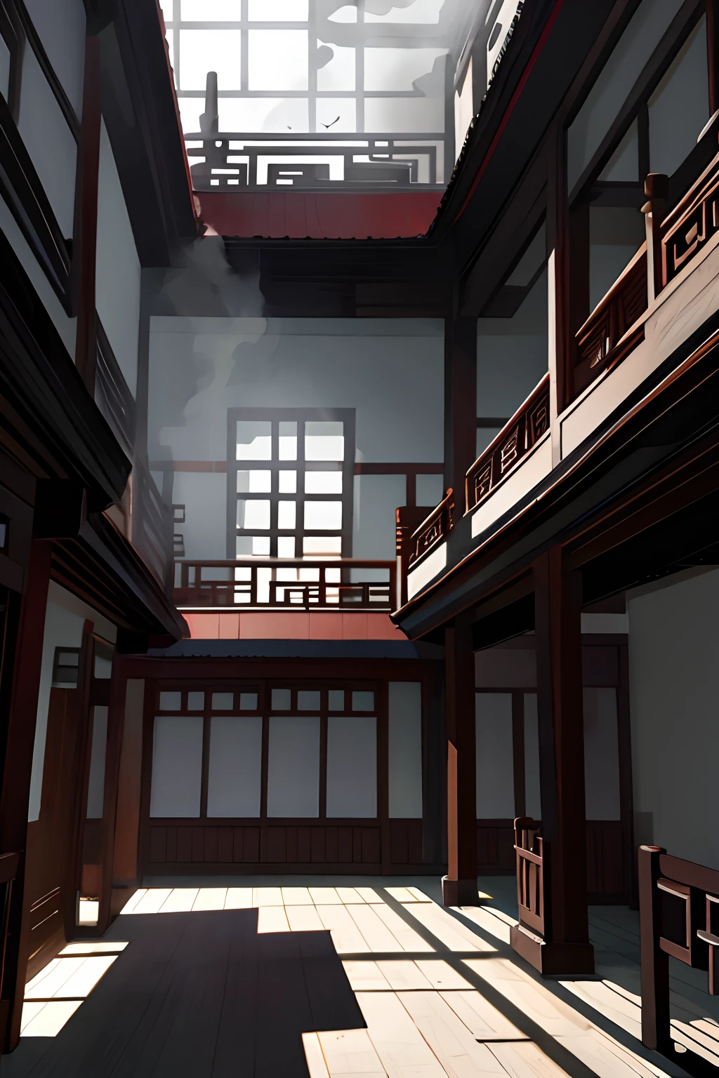 profile view(Interior of a four-story building)、Multiple rooms are neatly arranged,Chinese horror style(White ghosting、Lanterns),Black smoke,(Conceptual digital art,The is very detailed,reasonable design,Clear lines,k hd,The best quality,tmasterpiece,超高分辨率,4K)
