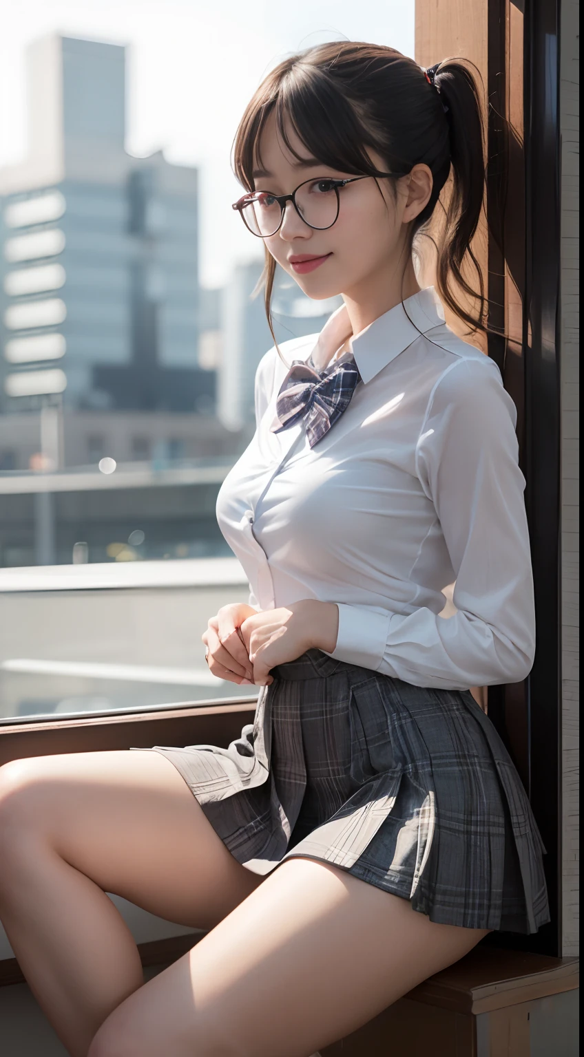 (in 8K、Raw photography、top-quality、masterpiece:1.2),watching at viewers,Looking at the front,Tie a side ponytail、Hang your hair on your chest.,Bullish,Muchimuchi,Erotic,Pupils,Light Blue Bra,de pele branca,kne,absurderes,a small face,small tits,flat breast,Parting the bangs from the middle、Forehead visible,(A smile,Tight eyes,skinny,Rasping)、masterpiece,top-quality、超A high resolution,Raw photo,ren,Beautiful fece,One Person, 独奏,eye glass,,Dark look,Small breasts,fullllbody,Round glasses、cute little、Back to Student,JK school uniform,hi-school girl,Korean Idol,is standing,(Photorealsitic:1.37)、Photon mapping,Realistic、Cute little face,Brown-eyed、Black socks、(Red bow tie)、Radio City、Physically Based Rendering、Foreground、depth of fields、Blurry background、a picture,The girls、Body,beauty legs, Long legs, Thin leg,Tie your hair into one strand on your chest,(Bangs are visible), hair, s lips, Blue_The eye, nosesoft,(Light blue shirt), (Plaid pleated skirt), Knees are visible,Sheer clothing,, Thigh, Black cotton socks,Nogizaka Idol, 女優, sit down and open legs、White underwear exposed