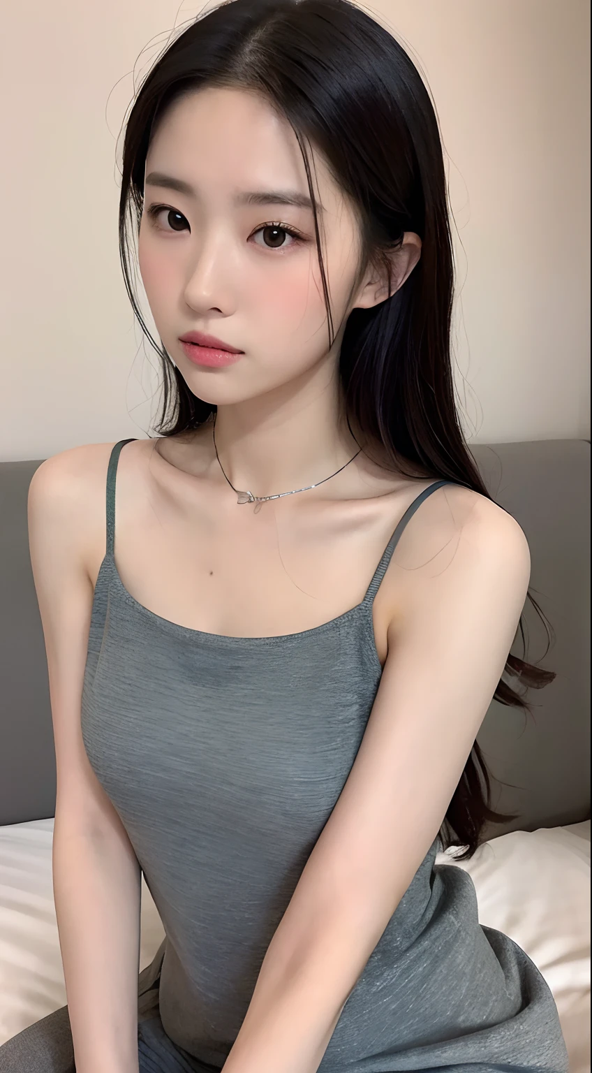 ((top-quality,8K,tmasterpiece:1.3)),Beautuful Women,Hide your face,2 girls,big breasts beautiful:1.3,Slender abs:1.1,camisole,,longblackhair,(sit on a bed),Super detailed face,Highly detailed lips,Detailed eyes,二重まぶた,Collar