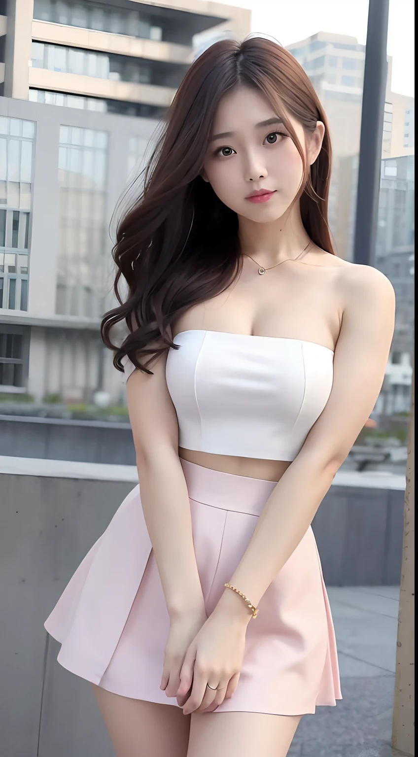 mix4,(8K, RAW images, best qualtiy, tmasterpiece: 1.2), (realisticlying, Realistic pictures: 1.37) ,1girll, adolable, City view, Sateen, dampness, profesional lighting, photon maping, Radio City, Physically based displays, Bandeau,无袖,cropped shoulders,Crop topping,adolable,shyexpression,a skirt