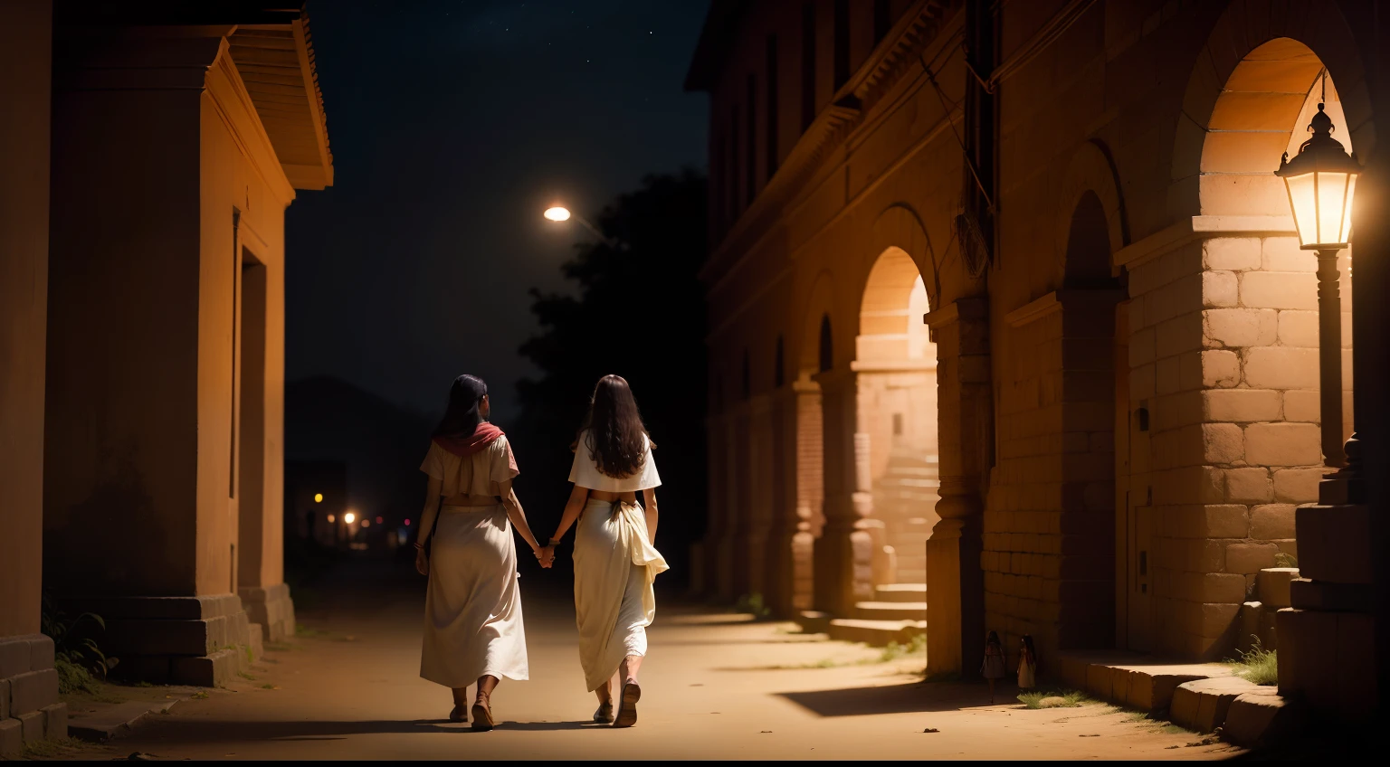 Two girls, walking with a indian women, at night, in a brown fort.