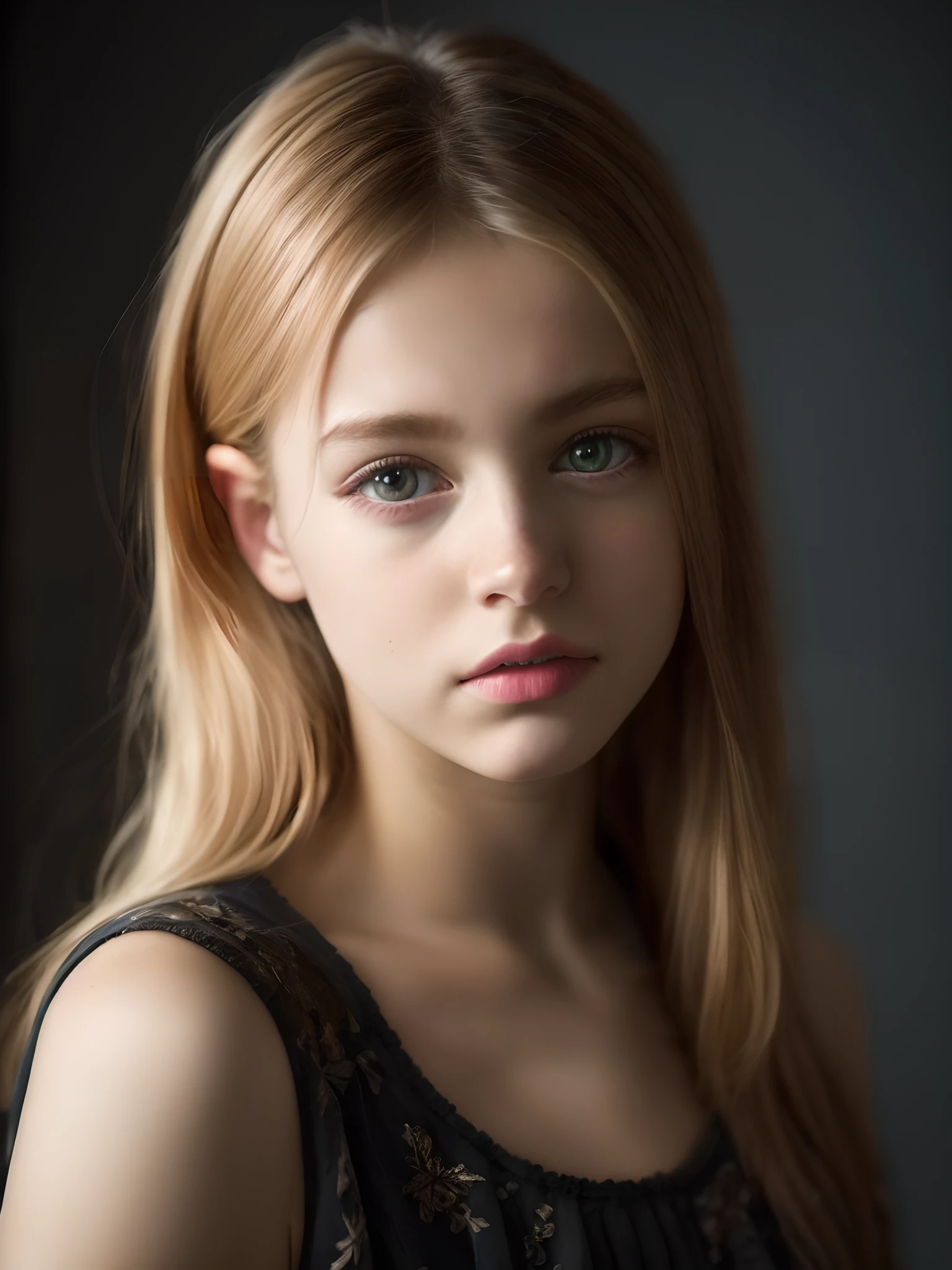 Portrait of an 18 year old cute beautiful perfect face petit teen, Russian, (dark private study, dark and moody light: 1.2)