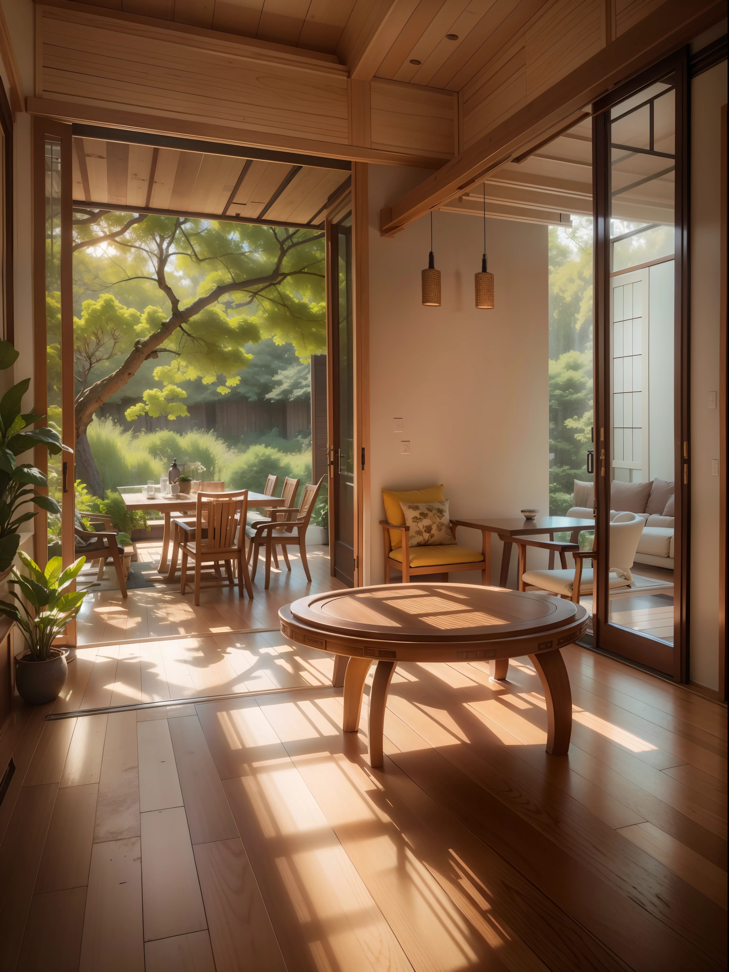 interior design、Insanely detailed wide-angle architectural photo、Cozy contemporary living room、(Bright and warm sunlight 1:0.1)、Award-winning contemporary interior design、landscapes、The table、a chair、in a house、Wooden flooring、window、resturant、east asian east asian architecture、sliding paper doors、abajour、architectural、the woods、naturey、cups、a plant、interior design、Insert lighting and shadows、depth of fields、low illuminance
