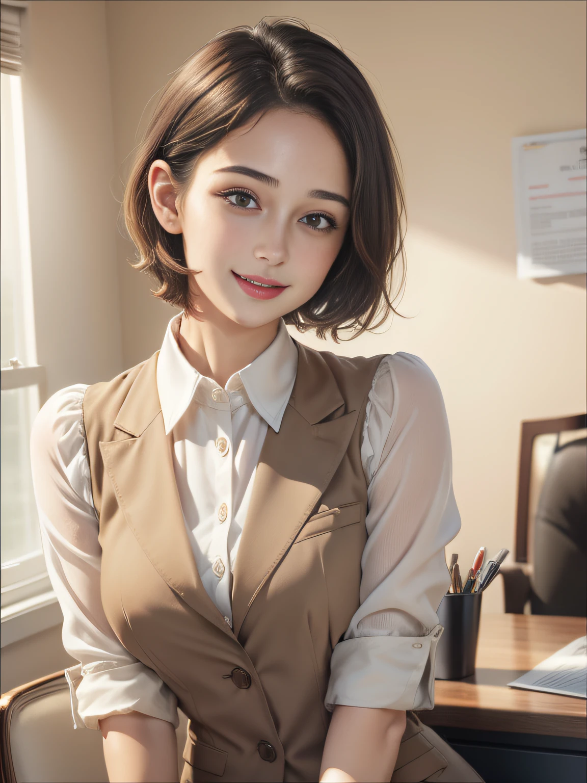 Real, Photo, {Realistic}, {incredibly_absurderes}, Bust, Transparent_Background, {Girl}, Short hair, Brown hair, Cute face, Light smile, Beautiful detailed eyes, Brown eyes, Medium breasts, office work_suit, realisticlying, Masterpiece, Best quality