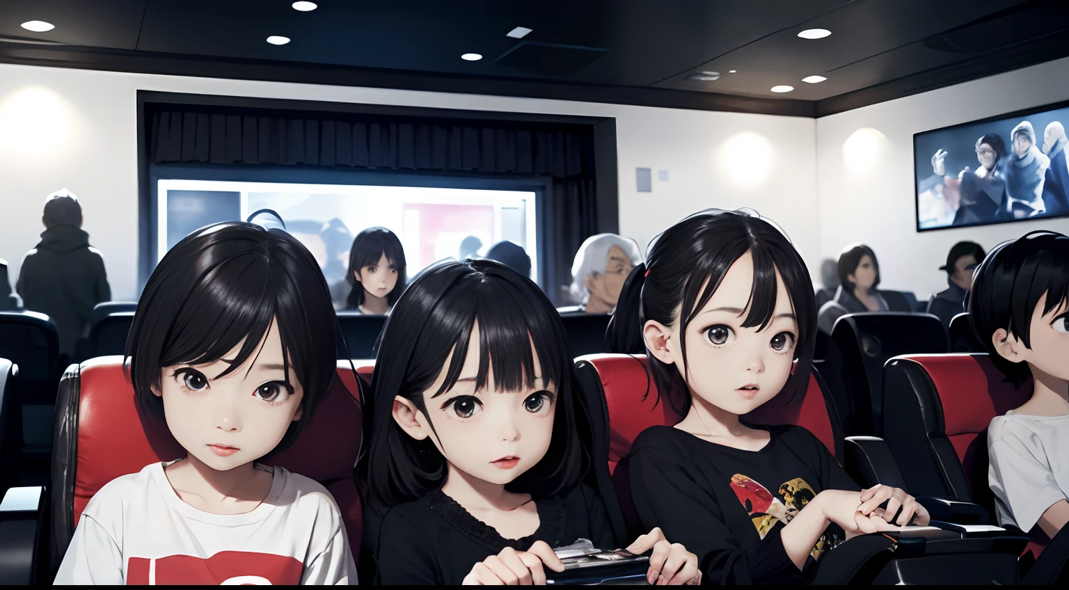 tmasterpiece,A high resolution,ultra - detailed,Gamine,child,pupils,watching a film,movie theater
