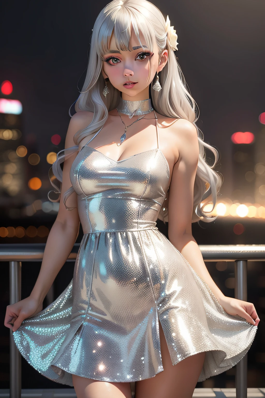 a beautiful girl is wearing a short silver sequins wavy dress in a party