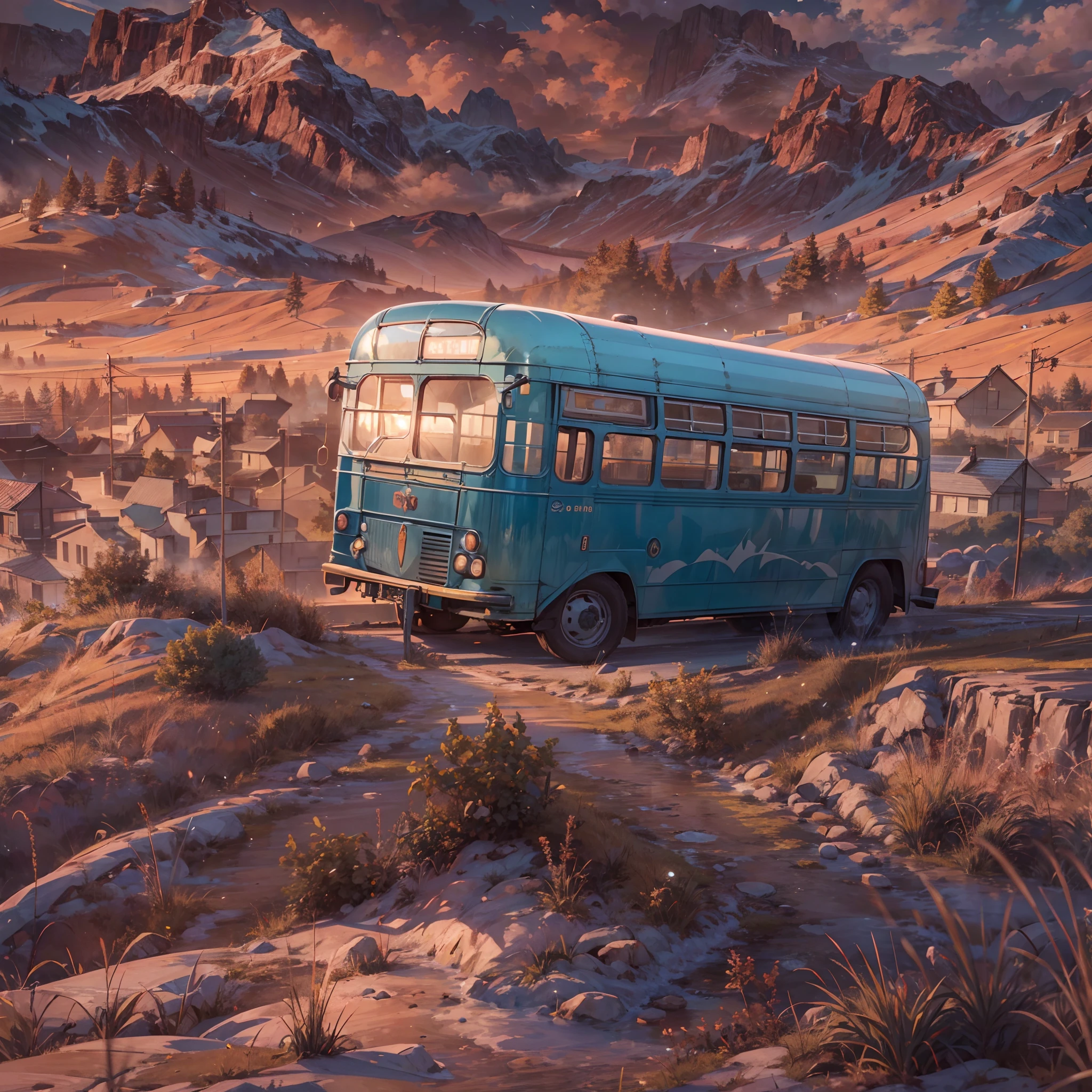 High Angle Establishing Shot, (well-loved vintage blue bus), traveling west in to sunset, ((away from viewer)), (soft pink orange sunset reflecting off glass and chassis), object focus, dented metal and enamel flank, vast landscape, sense of movement and journey, hope and resilience, masterpiece, masterwork, meticulous, intimate, nuanced, highest quality, highest fidelity, highest resolution, highres, highest detail, hyper-detailed, (detail enhancement), deeply detailed, uhd, hdr, fhd, 8k, 16k, 32k, 64k, caustics, subsurface scattering, High Dynamic Range, Dynamic Tone Mapping, [Specular reflection], [sub-pixel convolution],