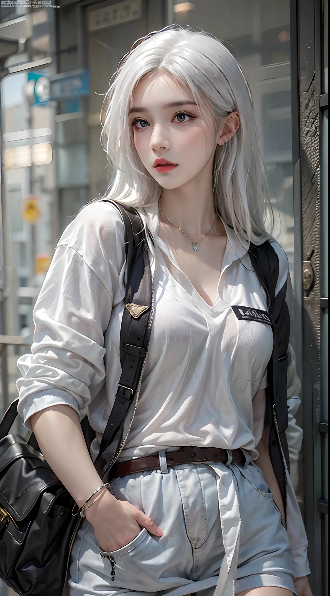 photorealistic, high resolution, 1women, solo, hips up, look at viewer, (detailed face), white hair, street wear, school uniform, jewelry