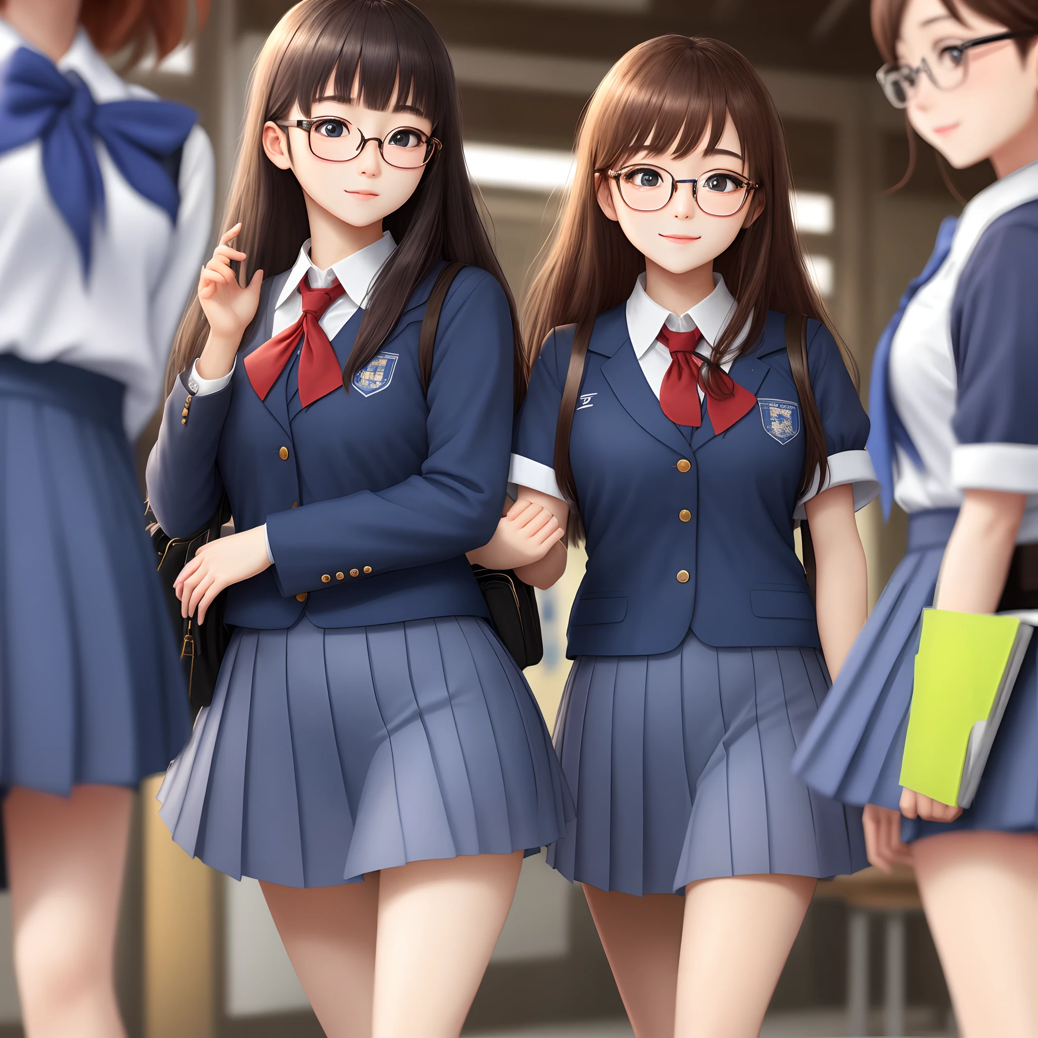 schoolgirls、Gold-rimmed glasses、Blue and white school uniform、8k wallpaper、an Quority