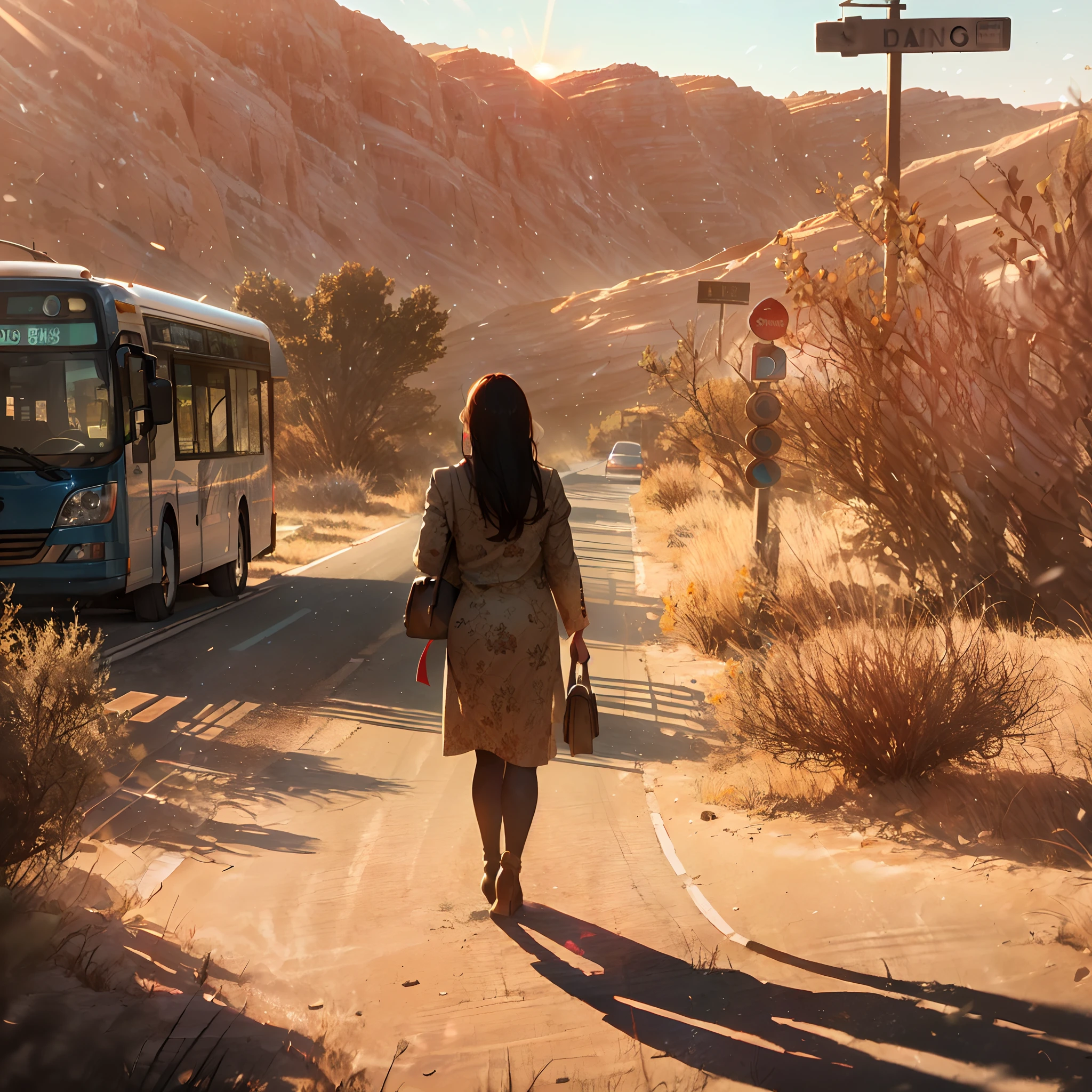 high details, best quality, 8k, [ultra detailed], masterpiece, best quality, (extremely detailed), shot from the rear, ultra wide shot, photorealistic, a picture of  a woman (intricate details, Masterpiece, best quality: 1.6) standing in a bus stop in the desert (intricate details, Masterpiece, best quality: 1.6), seeing a  bus (intricate details, Masterpiece, best quality: 1.6), driving towards sun down, desert road, desert background, back light, silhouette, a woman seeing the bus drive away,