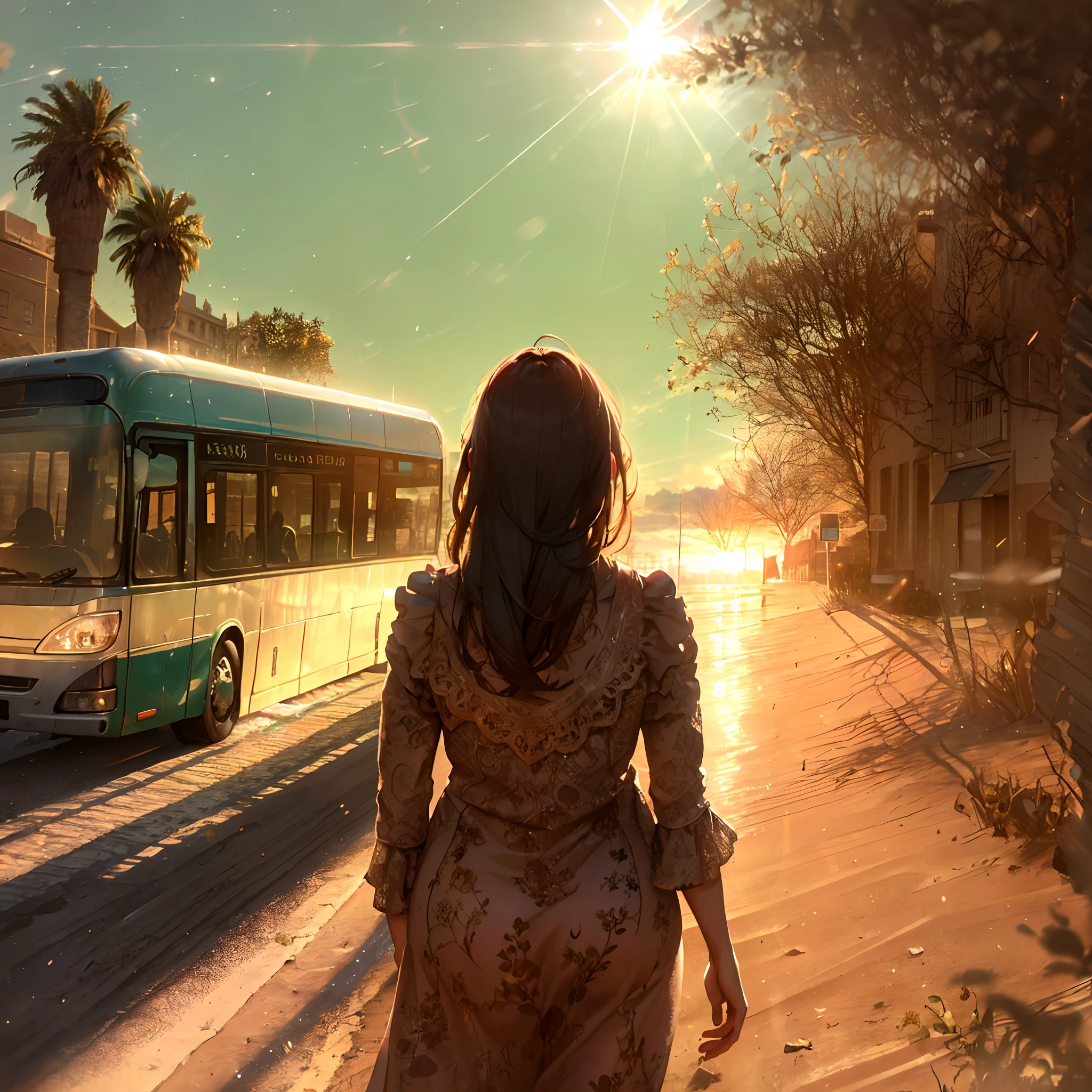 high details, best quality, 8k, [ultra detailed], masterpiece, best quality, (extremely detailed), shot from the rear, ultra wide shot, photorealistic, a picture of  a woman (intricate details, Masterpiece, best quality: 1.6) standing in a bus stop in the desert (intricate details, Masterpiece, best quality: 1.6), seeing a  bus (intricate details, Masterpiece, best quality: 1.6), driving towards sun down, desert road, desert background, back light, silhouette, a woman seeing the bus drive away,