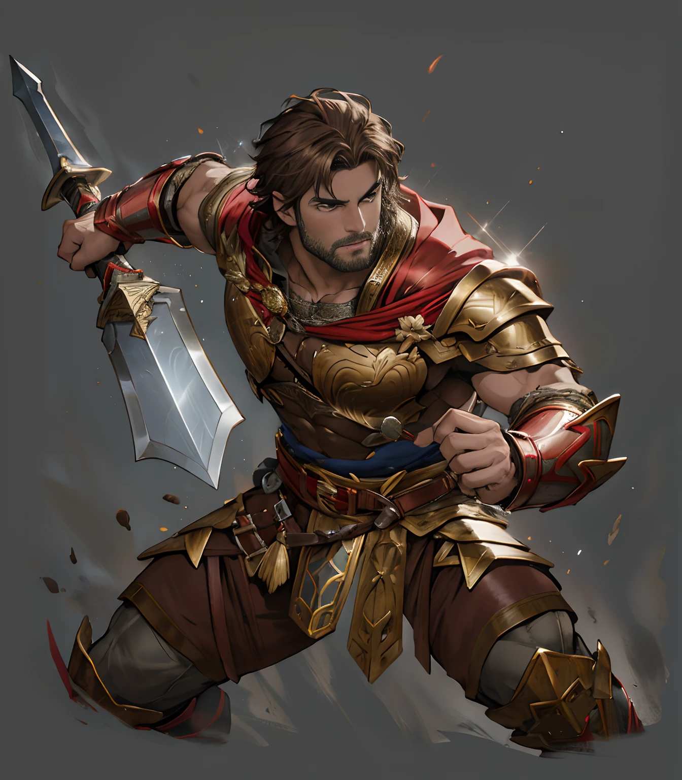 Greek warriors,fanciful,greek myth,Bronze armor,short detailed hair,flathead,brown hair,Masculinity,,Red cape,leathers,chest muscle,Abs,musculature,Strong,One hand open,Extend your palm forward,One -handed sword,ssee-through,