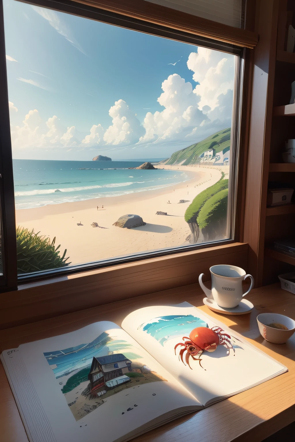 landscape illustration、Children's Illustration、early evening、sea side、Crab and Yadokari、Staying calm