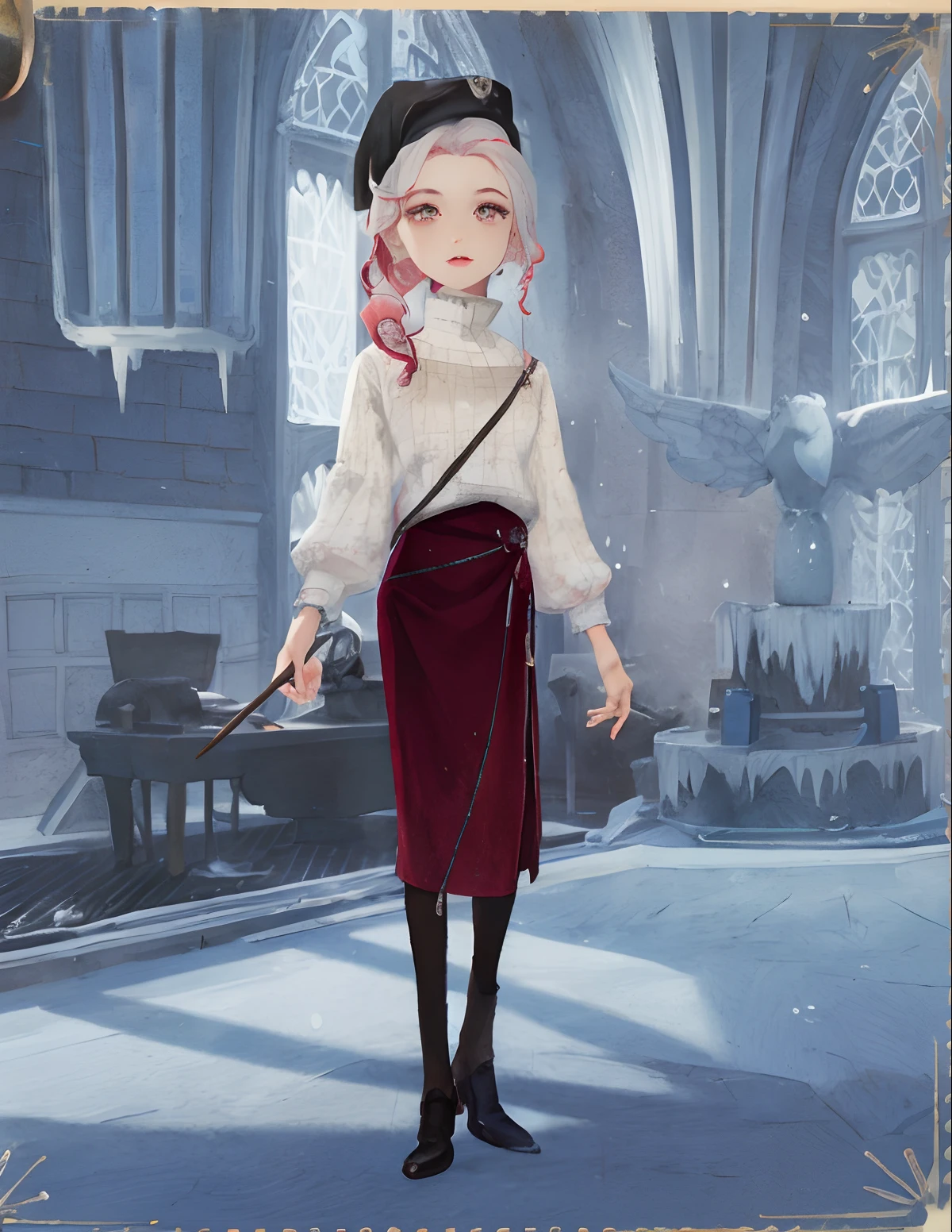 There is a cartoon drawing of a woman in a white top and a red skirt, Fantasy costumes, Hogwarts Style, It's ice-cold! 🧊, Songs inspired by Lü Ji, Inspired by Hermione Hammond, Magic School Uniform, Fantasy style clothing, dressed with long fluent clothes, Dressed like a priest, She is in the potion workshop, Inspired by Emma Ríos