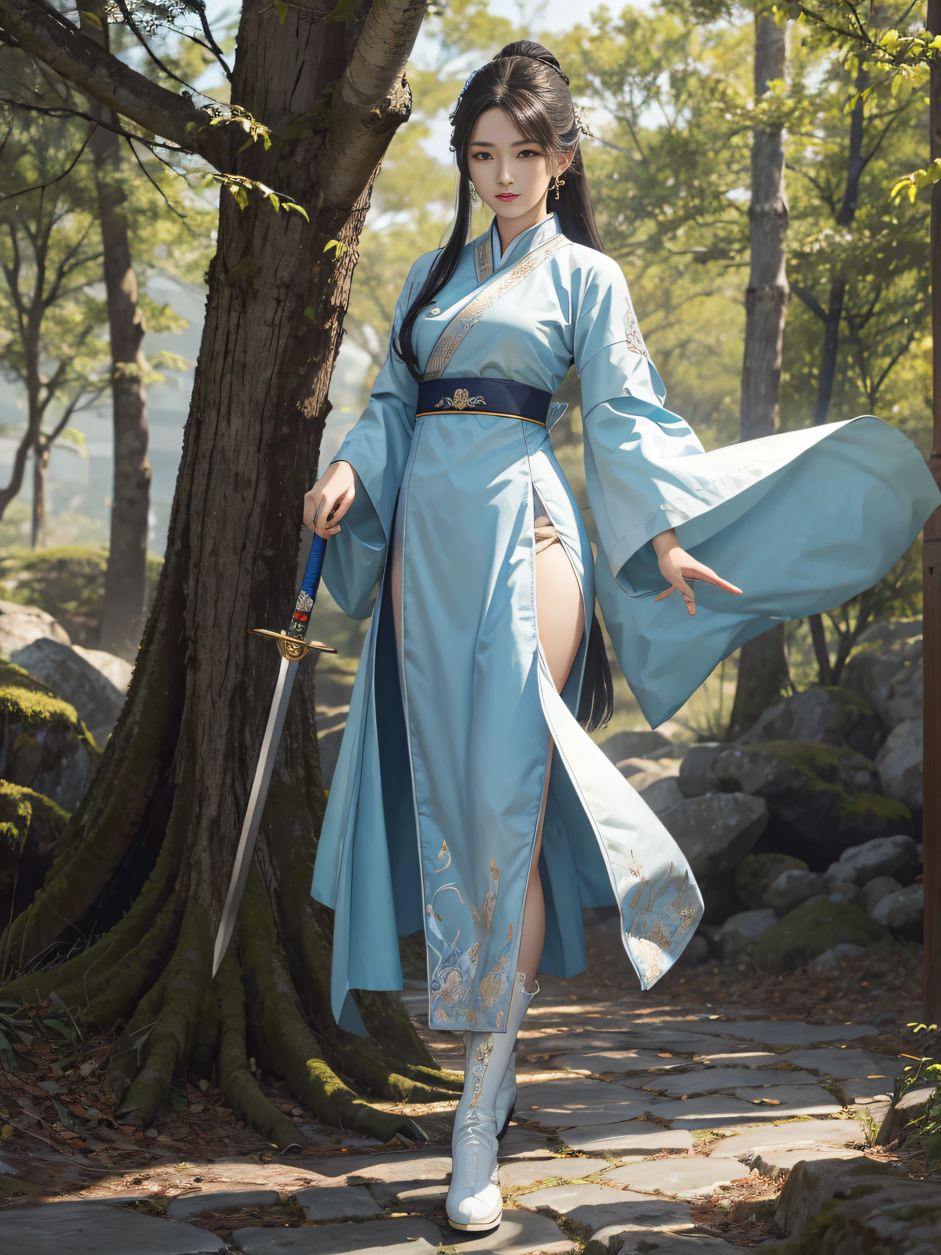Royal sister,swordsmen,Big sister type,Oriental women,gallant woman,Cold sass,Different styles,,tmasterpiece,A high resolution,,Absolutely beautiful,,(Wide buttock:1.4),(Thick legs:1.4),are standing,exquisitedetails,A high resolution,Wallpapers,1female,独奏,,enchanted、Raised sexy, Rich expressions,ancient wind,Hanfu,,Wearing white boots,embroidery, natural poses,standing on your feet, Fanning,16K,HDR,A high resolution,depth of fields,Bocoon,prime time,Vignette,rainbowing