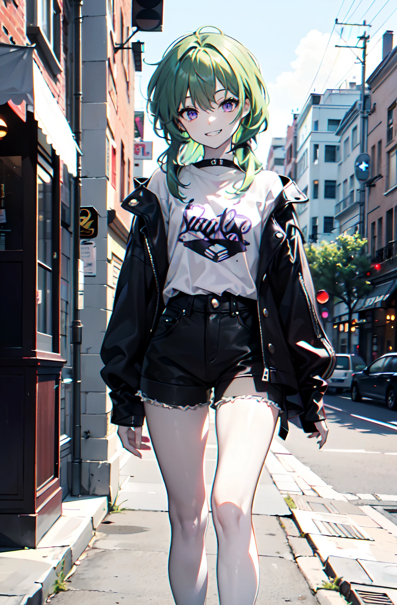 (masterpiece:1.2), (pale skin:1.2), (8k:1.2), ((solo)), (female), (green hair:1.2), (purple eyes:1.1), (hipster:1.2), (hipster clothes:1.4), exterior, city, (night:1.1), smile, long hair, grin, (modern style:1.2), cap