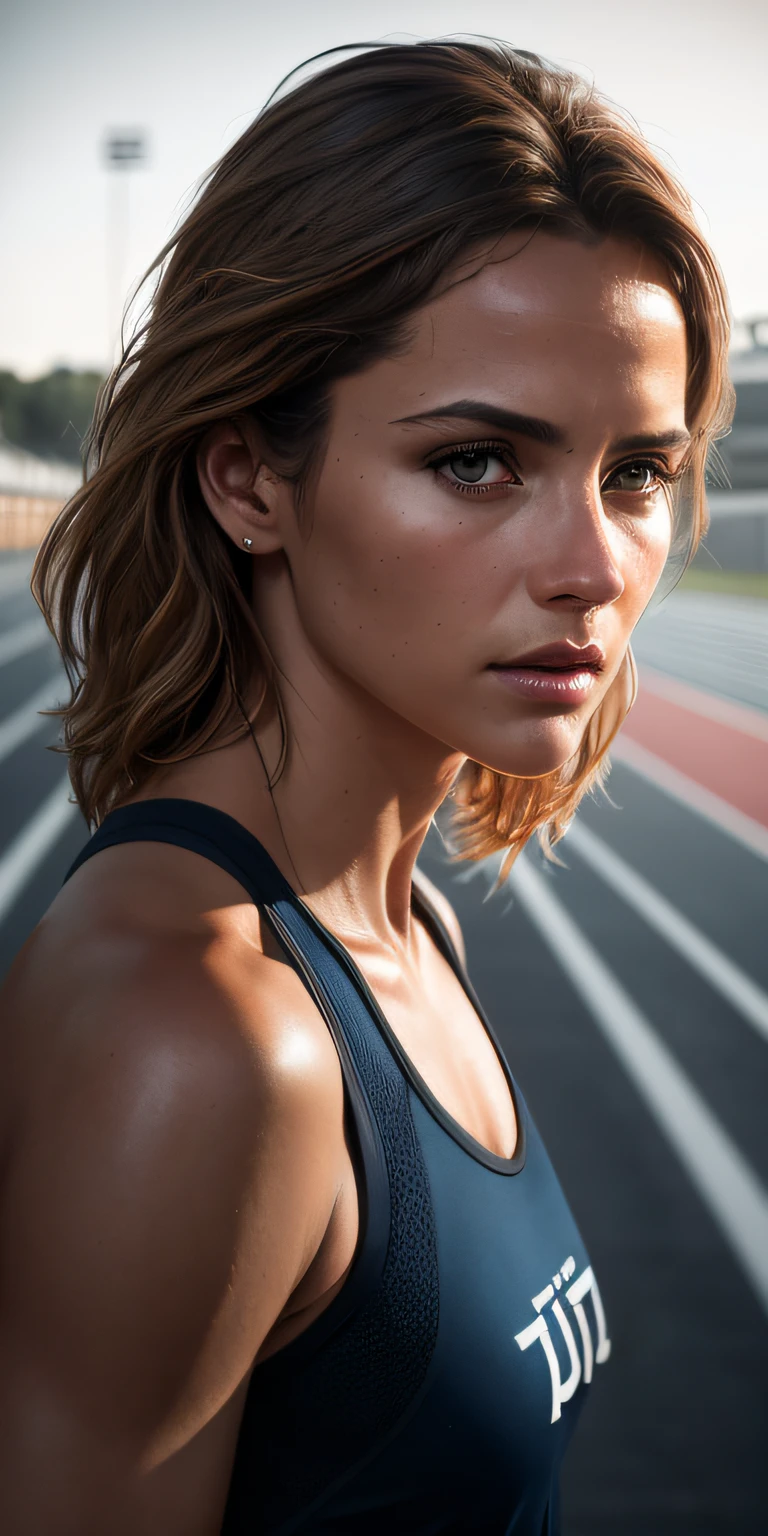beautiful mature Swedish college girl, in track outfit, outside on track field, ((slim, petite)), photorealistic, photo, masterpiece, realistic, realism, photorealism, high contrast, photorealistic digital art trending on Artstation 8k HD high definition detailed realistic, detailed, skin texture, hyper detailed, realistic skin texture, armature, best quality, ultra high res, (photorealistic:1.4),, high resolution, detailed, raw photo, sharp re, by lee jeffries nikon d850 film stock photograph 4 kodak portra 400 camera f1.6 lens rich colors hyper realistic lifelike texture dramatic lighting unrealengine trending on artstation cinestill 800,