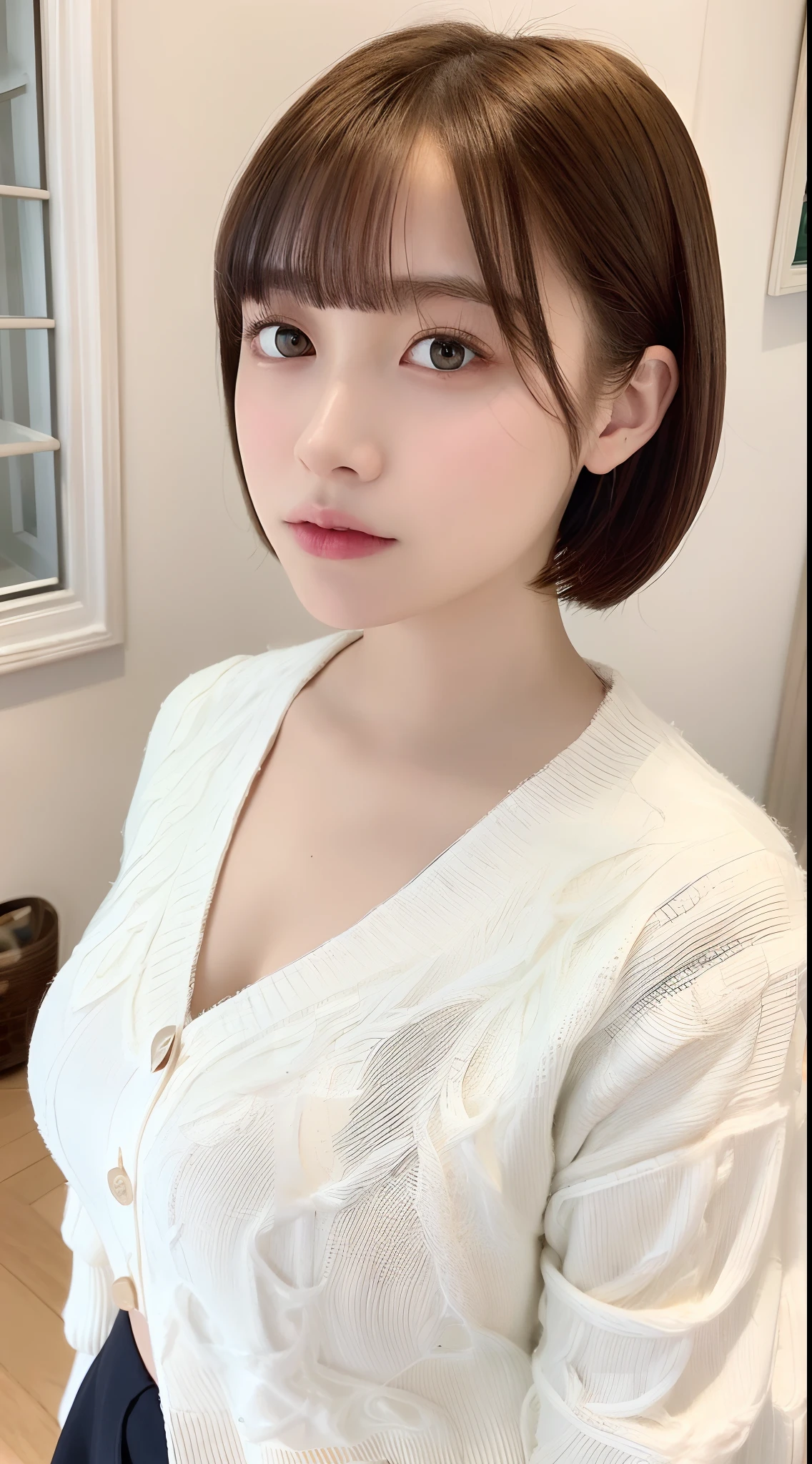 ((Top Quality, 8K, Masterpiece:1.3)), Detailed Woman:1.3, (Medium Shorthair, Big Breasts:1.2), Cardigan:1.1, Ultra Detailed, Detailed, Eyelids