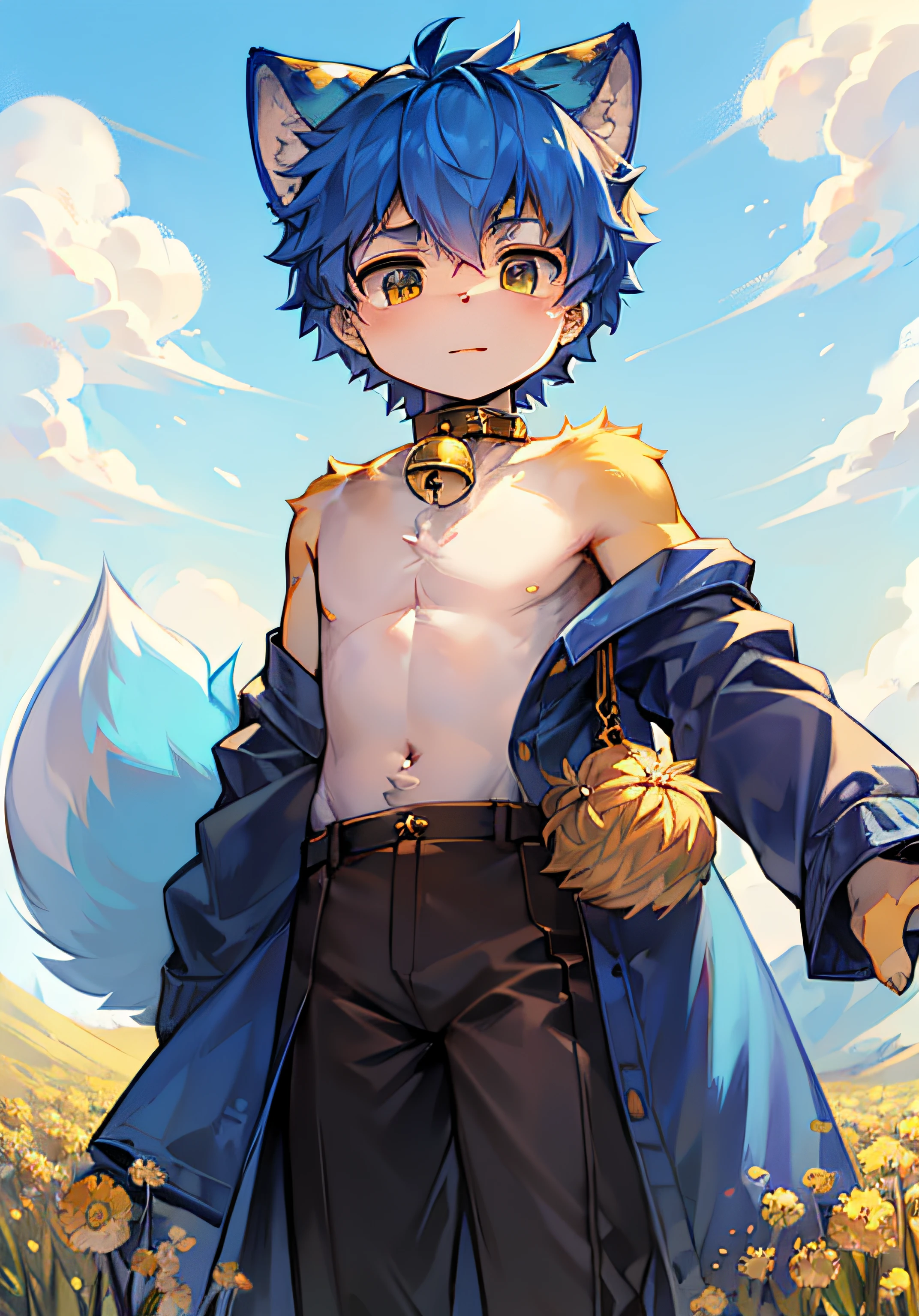 short detailed hair,Earphone,Adhesive bandage,spheres,Collar,bell,Cat ears, eyes with brightness, in a panoramic view, shaggy, shaggy male, Full Body Furry,Gamine,lowerbody,Cubs,No spots,human - shaped,posing on a,Large fluffy tail,High-quality portraits,full-shot,Blue hair everywhere,Cat type,Cubs,human - shaped,Archie,tmasterpiece,ventania,clouds,Skysky,suns,in summer,The wheat field is covered with blue fur,The whole body is covered with blue fur,Stand in a wheat field with chrysanthemums in hand,male people,younge boy,The age is about 16 years old