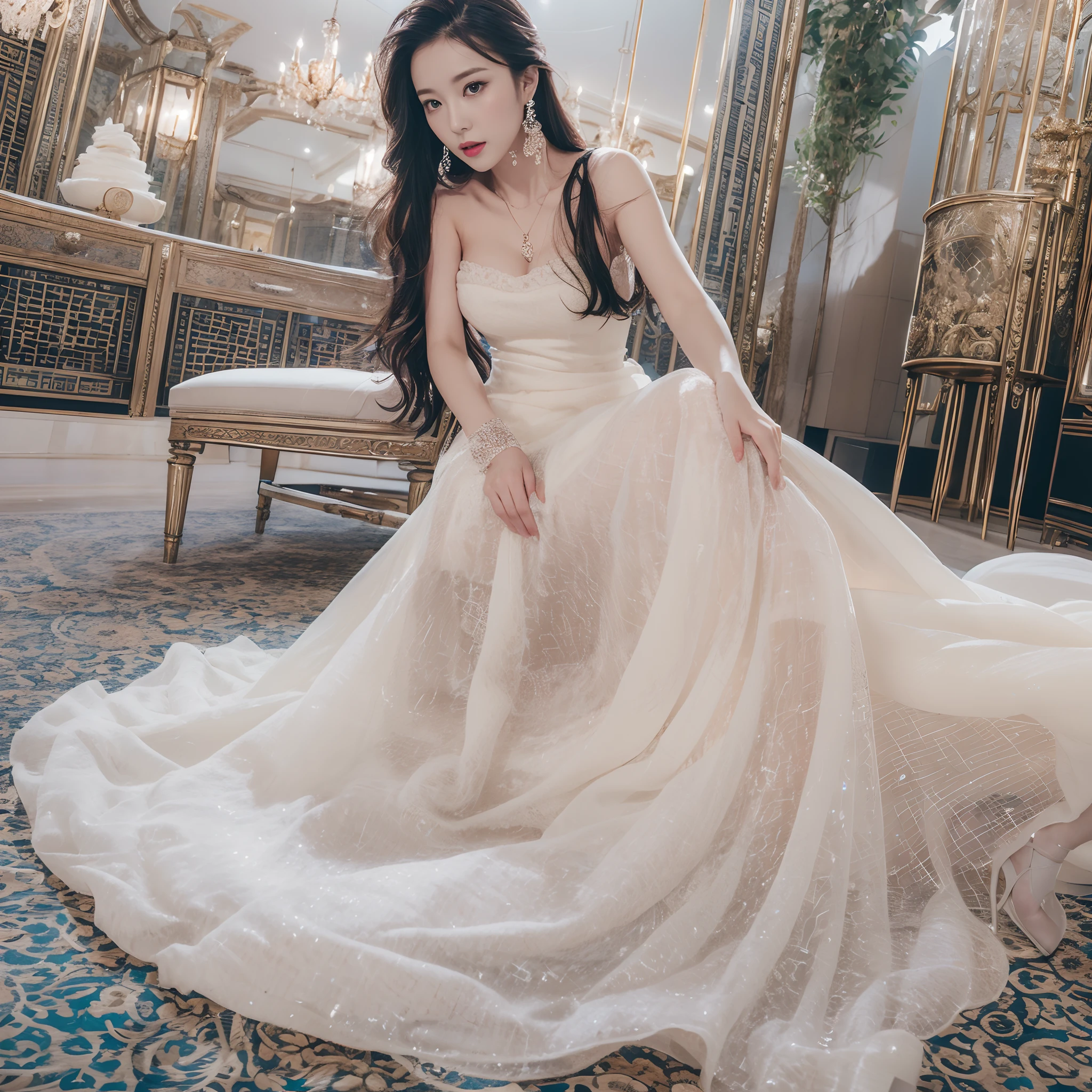 Best Picture Quality,Highest high resolution,massive detail,Elegant and dignified,Han girl,Noble and generous gesture,Refined face,Bare shoulder sleeveless dress,A long flowing skirt mopping the floor,Pure white high heels,Chinese-style coiled hair,In the midst of the lights,full body shot shot。