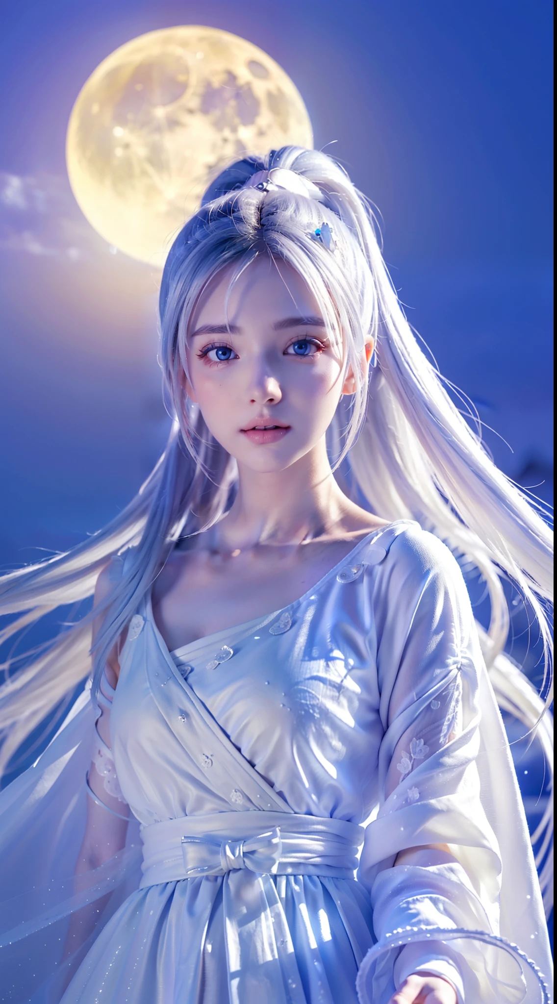 masterpiece, (best quality:1.2), (ultra-detailed:1.2), illustration, (an extremely delicate and beautiful:1.2),cinematic angle,floating, (beautiful detailed eyes:1.1), (detailed light:1.1),cinematic lighting, beautifully detailed sky, women, white hair, blue eyes, (high ponytail:1.1), cloak, glowing eyes, (moon:1.2), (moonlight:1.1), starry sky, (lighting particle:1.1), fog, snow painting, sketch, bloom