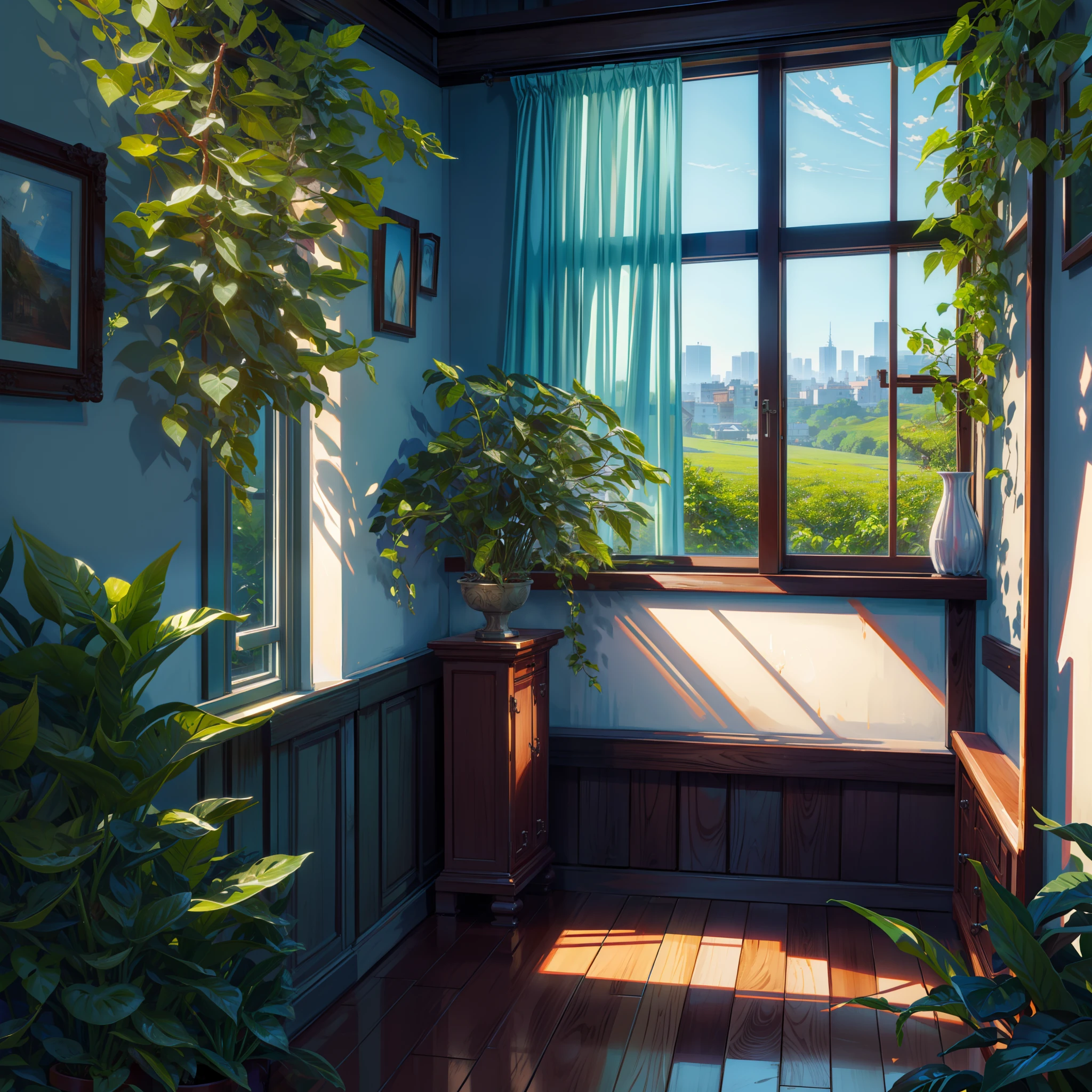 extreme hight detail，Warm light and shadow，The greenery outside the window spreads，The ambience in the room，Vines swayed on the windows，ultra HD picture quality，Create the best quality。