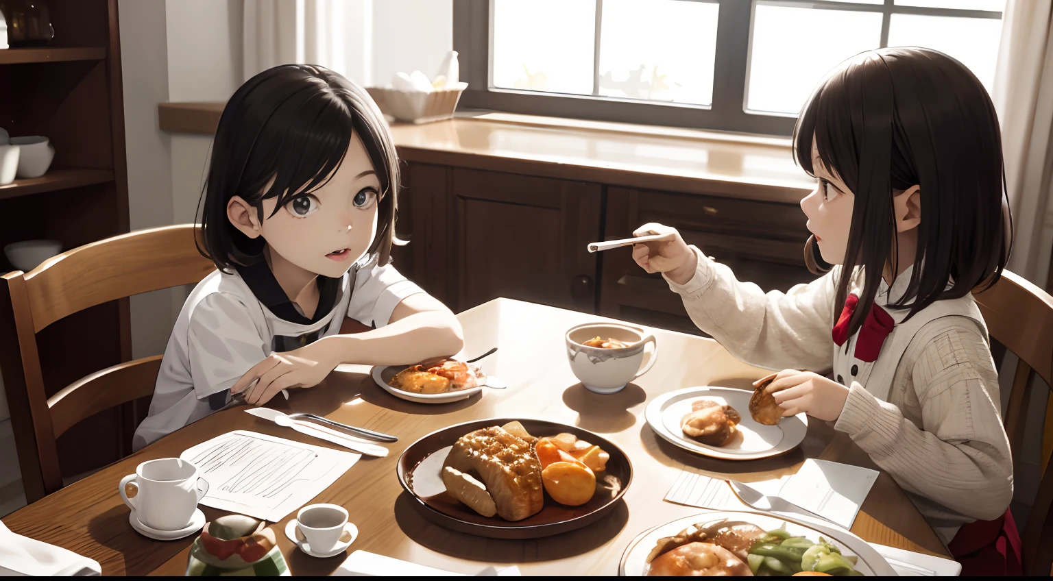 tmasterpiece,A high resolution,ultra - detailed,Gamine,child,dine,Eat,dining table