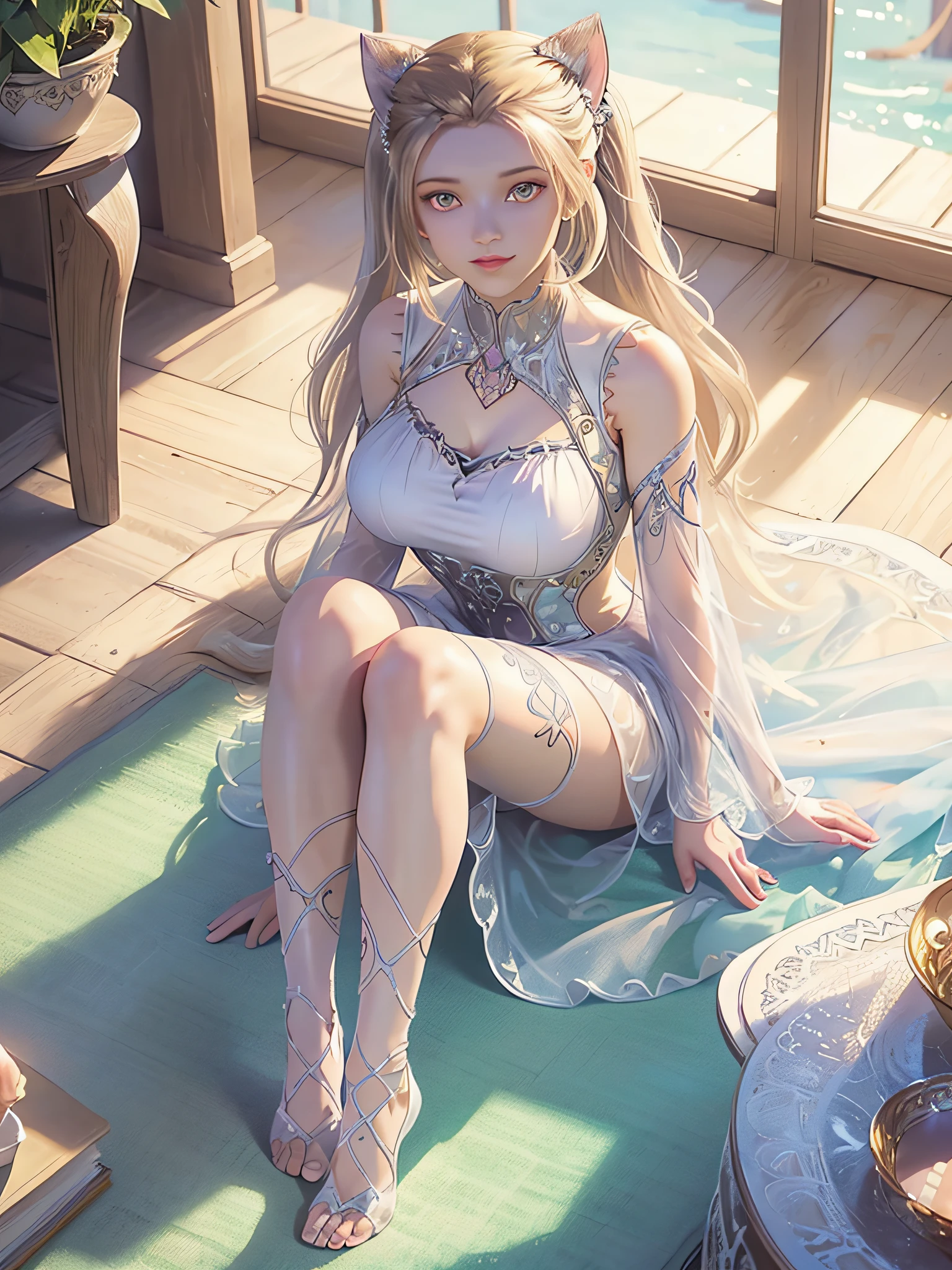 Unbeatable masterpiece, Ultra photo realsisim, Perfect artwork, Intricate details, Best quality, Strong light,High contrast, (Masterpiece , Best quality:1.2) , (ultradetailed) , (Pastel color:1.5) , (cute illustration:1.5) , (aquarelle:1.2) , 1girll , No shoes , White pantyhose , Blonde hair , long whitr hair , Yellow and white skirts , Cat ears , cattail , cat , Sitting , Feet , (Foot focus:1.3) ,(sole:1.2) , From below , Low Twin Tails , Cute .view the viewer，(see-through transparent clothes:1.3)