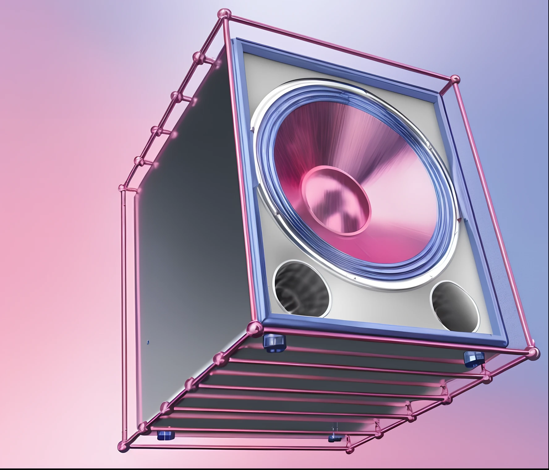 There is a speaker suspended in the air, Subwoofer, A high resolution, computer generated, A digital rendering, C4D,Octane renderer， full-colour illustration, 4K, a digital rendering, Hi-fi, a digital rendering, Commercial illustration, Giant speakers, Concept illustration, Stylized digital illustration, A high resolution, Stage speakers, high quality illustration, artist rendition, front left speaker