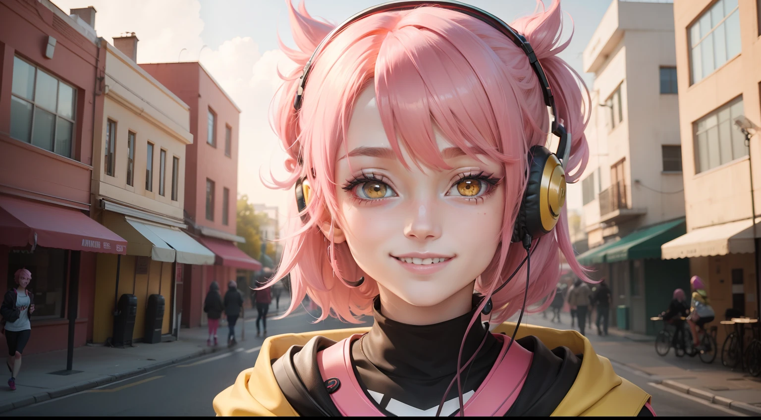 4k, 2d, 1girl, , yellow_left_eye, red_right_eye, pink_hair, smile, using_headset